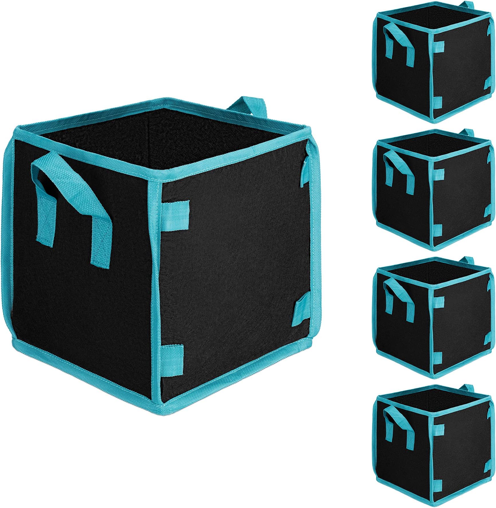 Navaris Grow Bags 5 Gallon (Pack of 5) - Square Grow Bag Set Fabric Containers with Handles for Gardening - Pot Planters with Stake Loops on Corners