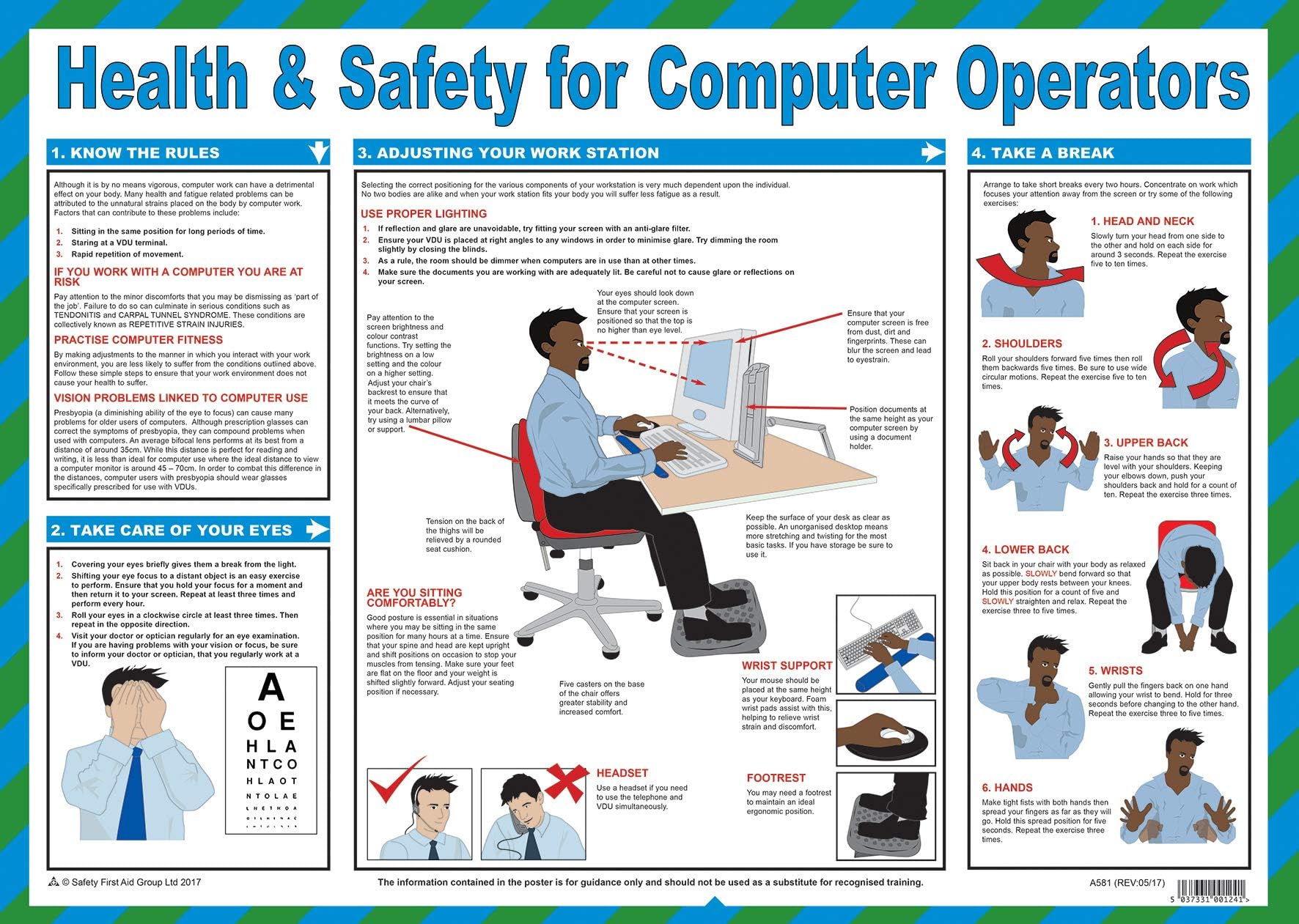 Safety First Aid Group Group Health and Safety Computer Ops A2 Poster, Laminated