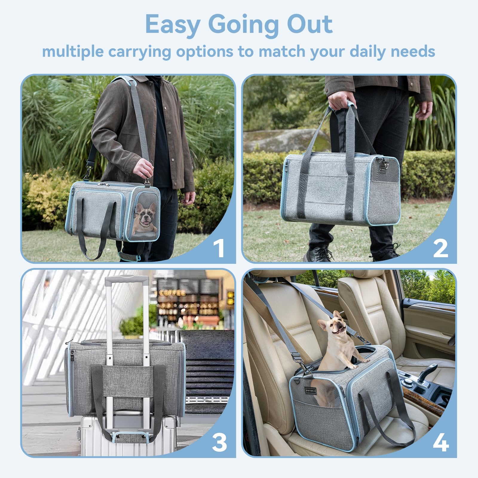 Petsfit - Transportín ampliable para perros, con forro polar, apto para la mayoría de aerolíneas, equipaje de mano, suave, plegable, con bolsillos