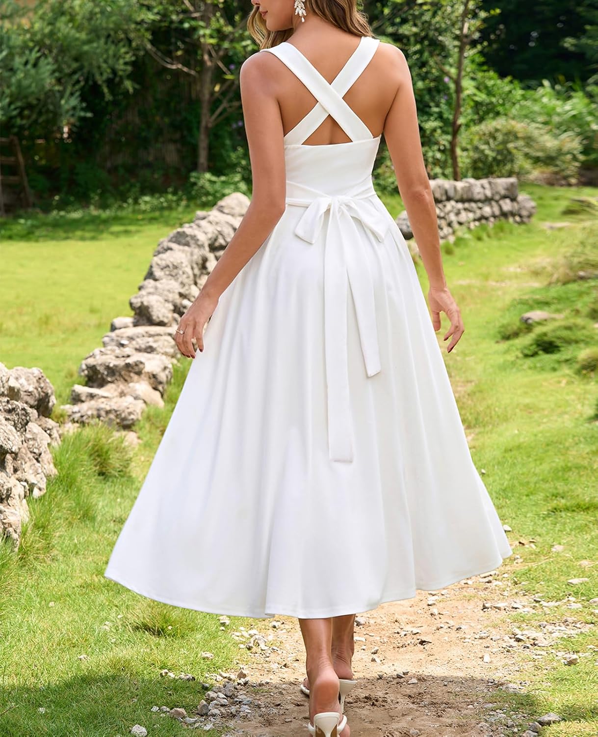 Womens Summer Midi Dress Wedding Guest Dresses for Women Criss Cross Back Flowy A Line Casual Sundress - Image 2