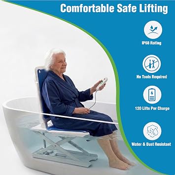AquaLift Electric Bath Lift Chair for Bathtub | Height Adjustable Riser for Seniors, Elderly | IP68 Waterproof | 320 LBS Capacity | Rechargeable Battery