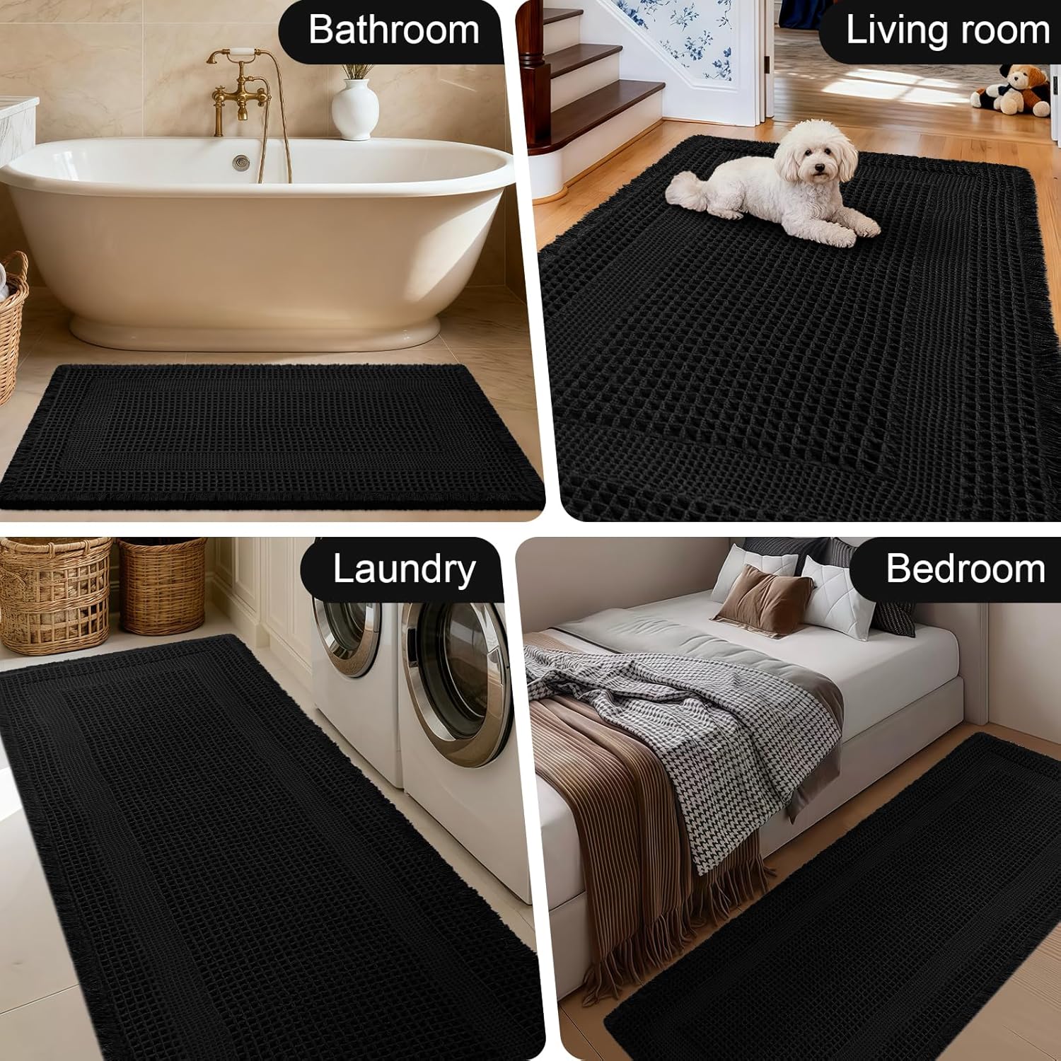 Upgraded Waffle Bath Mat Set 3 Piece Black-Looped, Super Absorbent Non-Slip Quick Dry Bathroom Rugs with Tassels, Machine Washable Ultra Soft Boho Bath Rugs for Floor, Toilet Mats Boho Farmhouse Decor