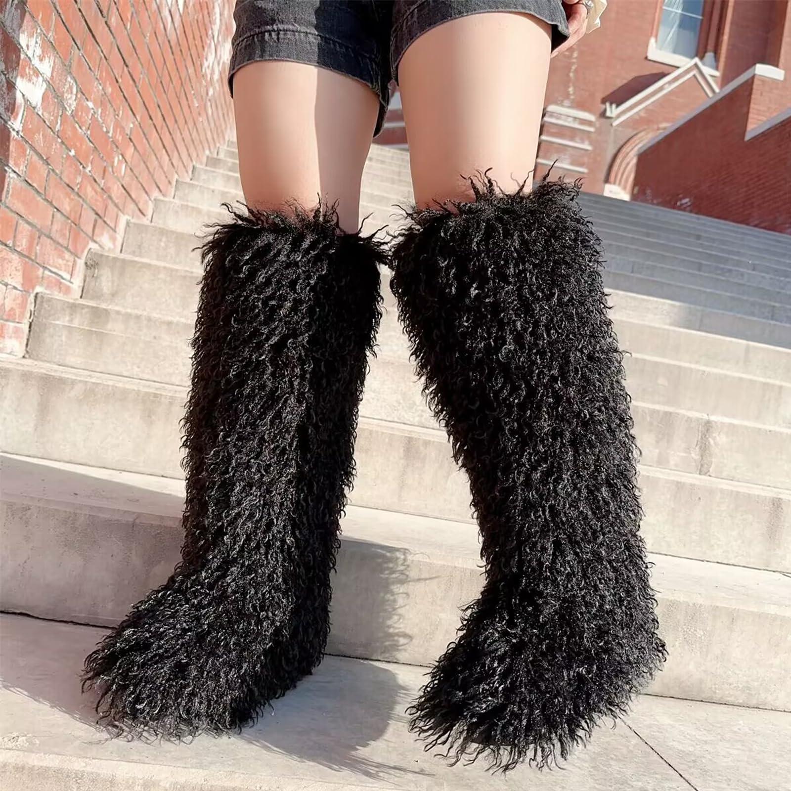 Valpeak Botas altas peludas de piel sintética para mujer, botas largas de invierno para niñas, botas mullidas mongolas para niños, botas peludas hasta la rodilla