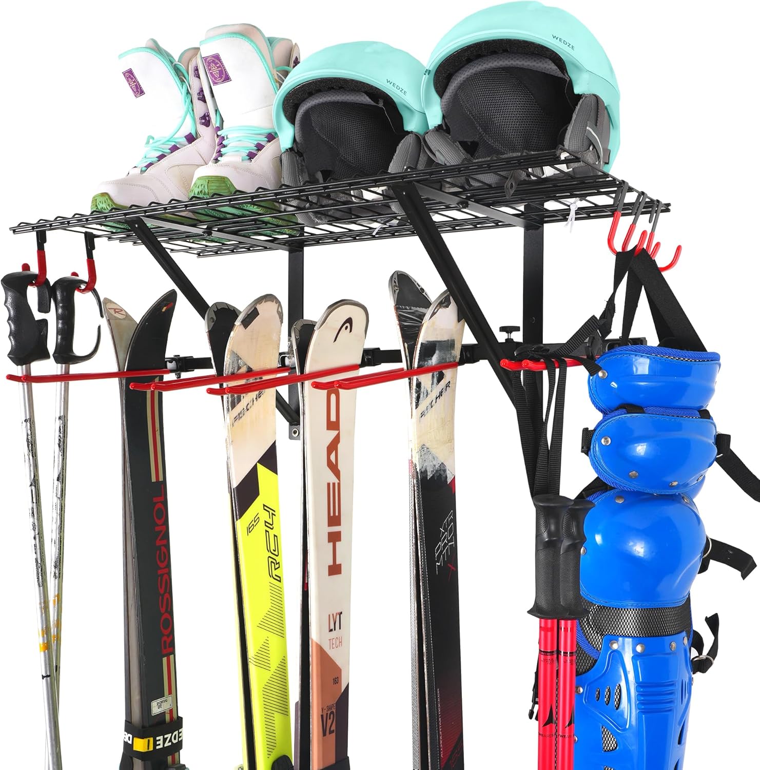 Mythinglogic Wall Mounted Ski Rack - Heavy-Duty Garage Organizer for Skis, Snowboards, Poles, Boots & Helmets with Top Shelf