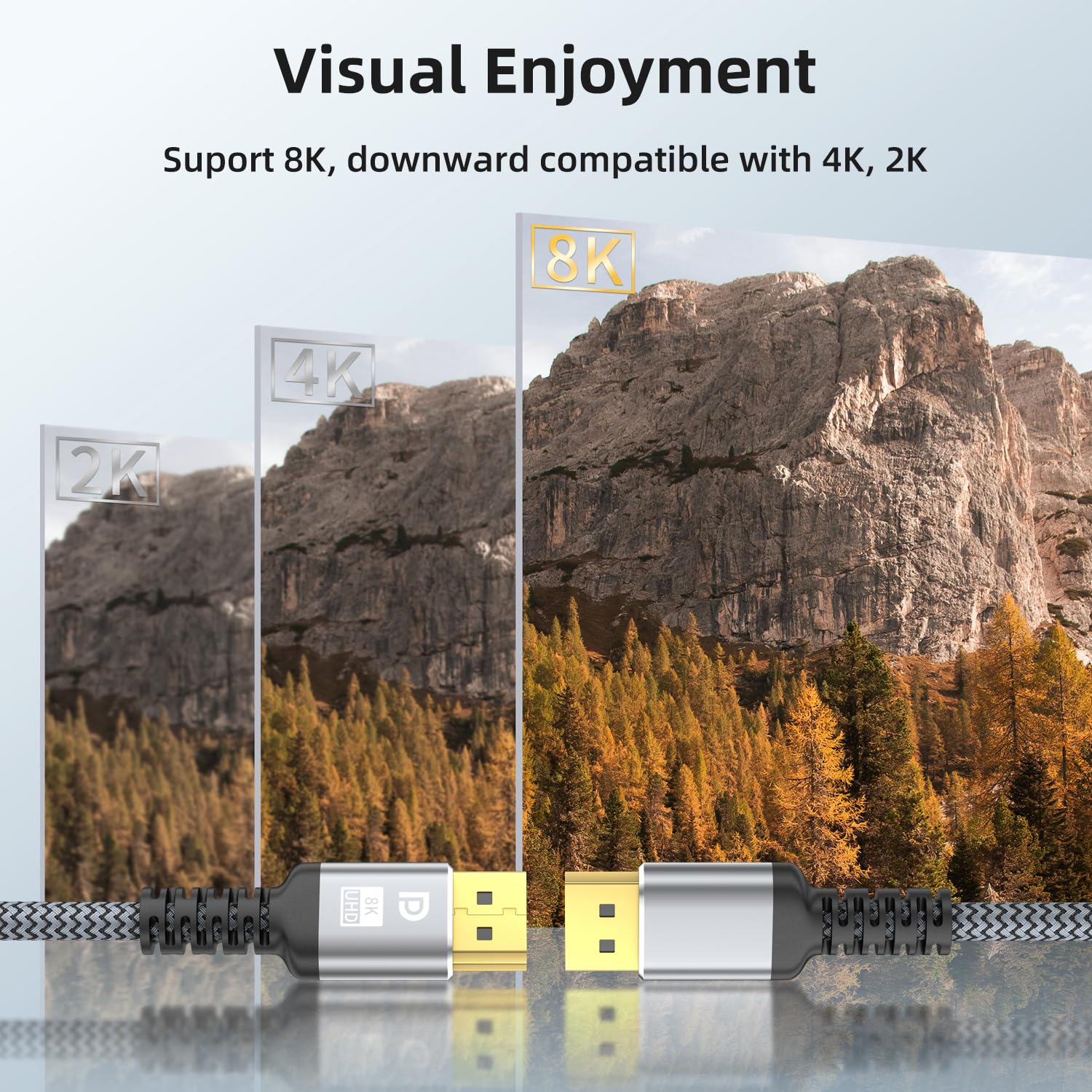 Câble DisplayPort 8K, DP 1.4 de 9,1 m (8K @ 60 Hz, 4K @ 144 Hz, 2K @ 240 Hz) prend en charge 32,4 Gbit/s, connecteur plaqué or, taux de rafraîchissement élevé pour moniteur de jeu, HDR