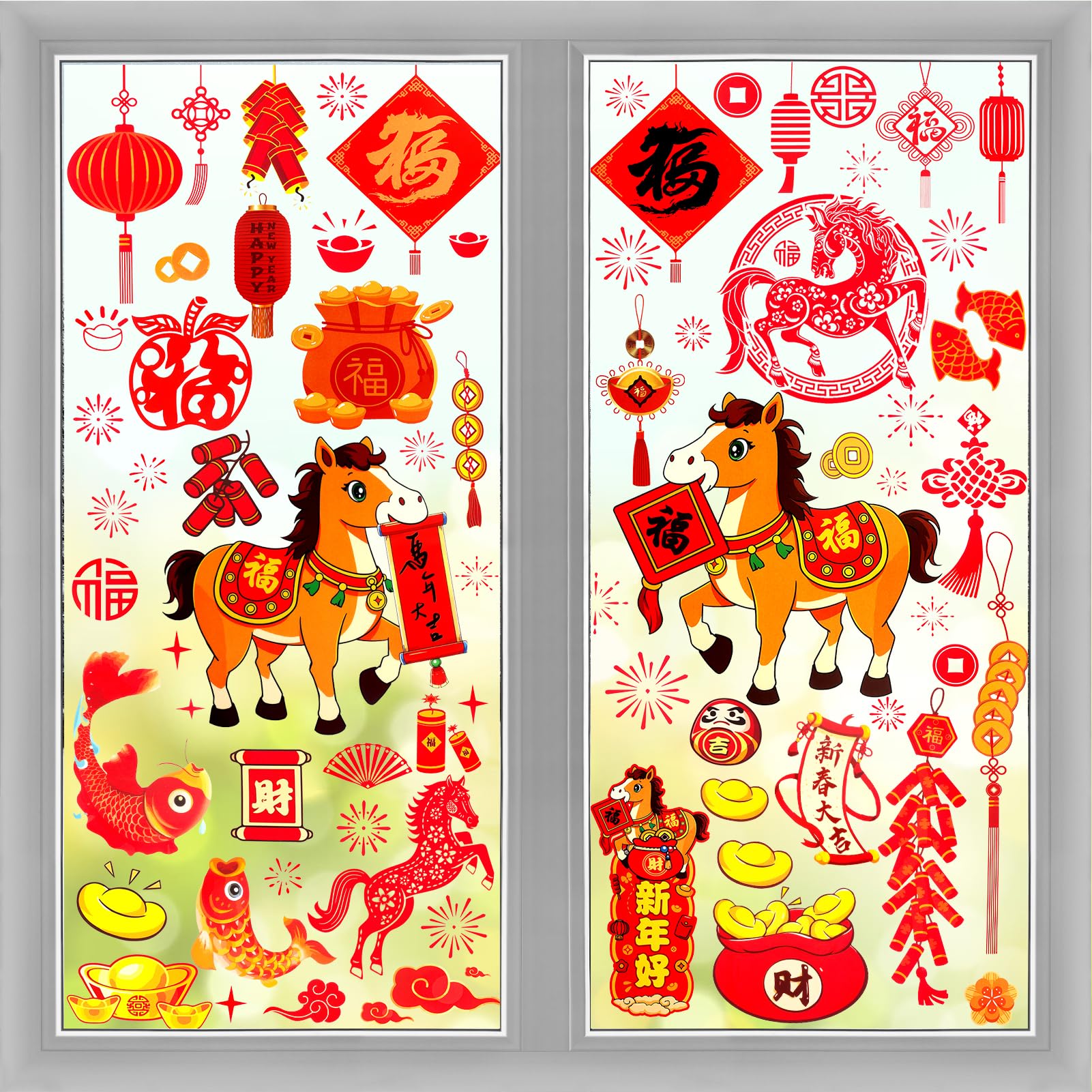HOWAF 8 Sheets Chinese New Year Window Stickers 2026, Year of The Horse Window Stickers Spring Festival Windows Clings for Year of The Horse, Lunar Chinese New Year Decorations 2026