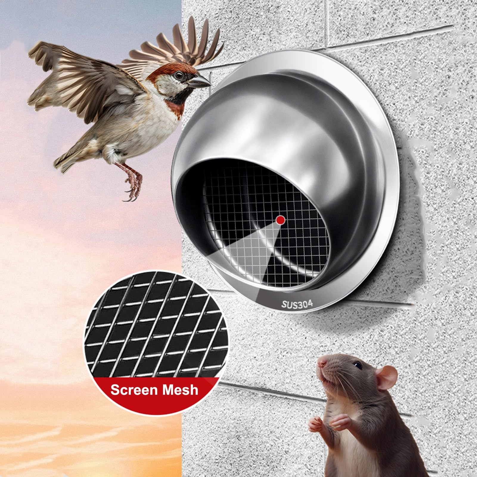 Grille D'aération en Acier Inoxydable avec Filtre À Mailles, Murale Grille de Ventilation Hotte pour Tuyaux Ronds et Verre(190mm/7.5inch)