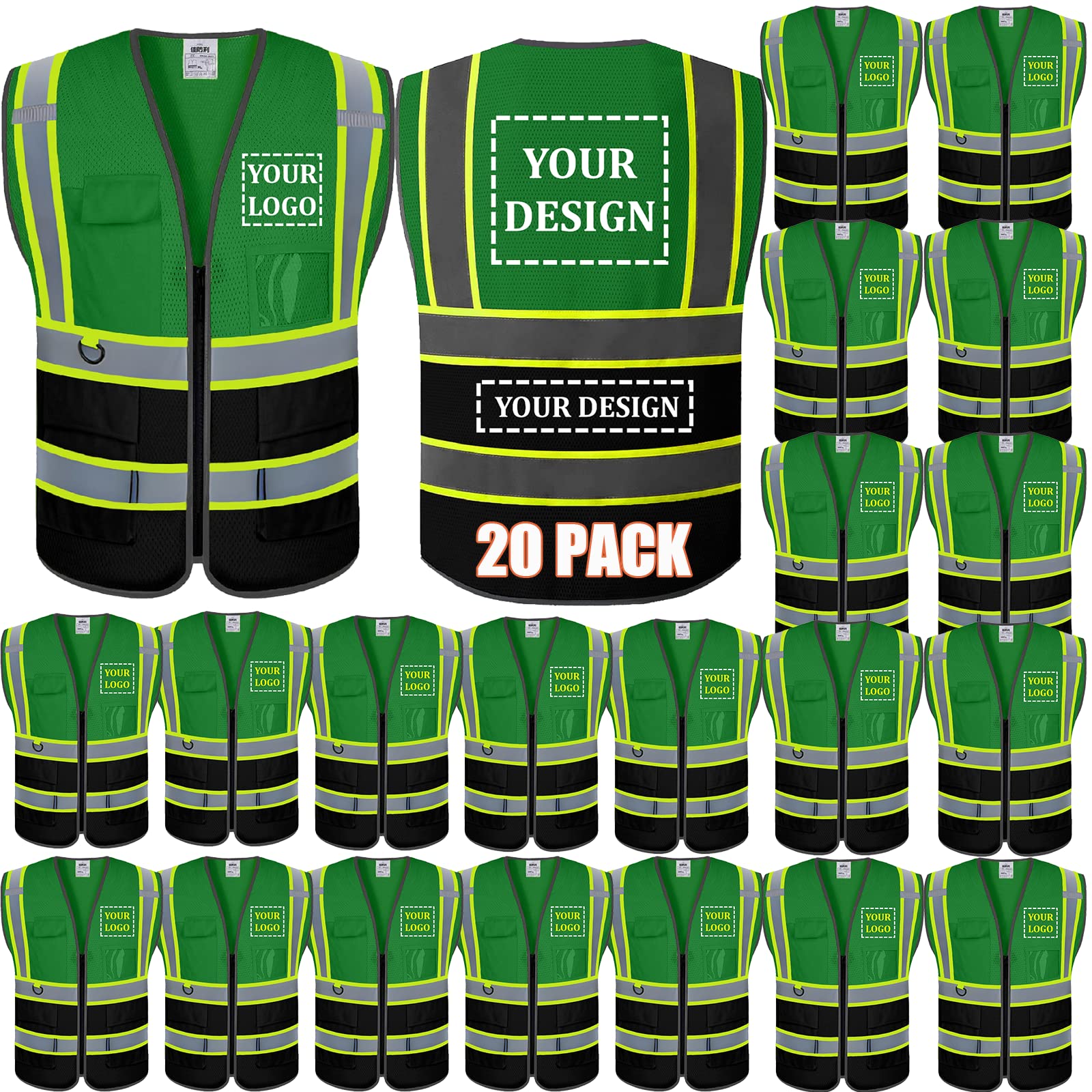 BeautyWill Custom Logo 10/20 Pack Safety Vest Class2 High Visibility Vest with Pockets Breathable Construction Vest Bulk