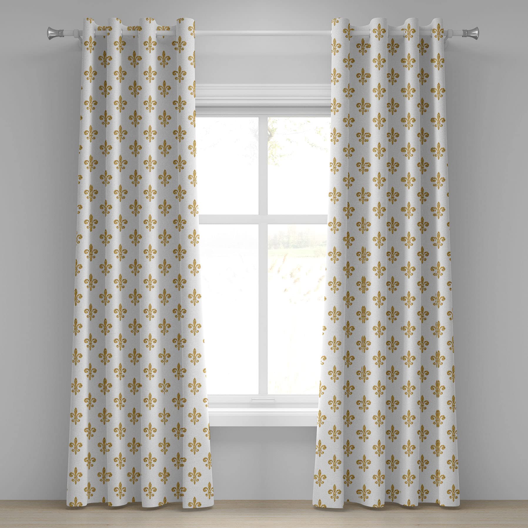 ABAKUHAUS Fleur de Lis Tenda a Pannello Set di 2, Style Gigli Vintage, Trattamento della Finestra per Stanza e Camera da Letto, 150 cm x 175 cm, Bianco Giallo ABAKUHAUS Fleur de Lis Tenda a Pannello Set di 2, Style Gigli Vintage, Trattamento della Finestra per Stanza e Camera da Letto, 150 cm x 175 cm, Bianco Giallo