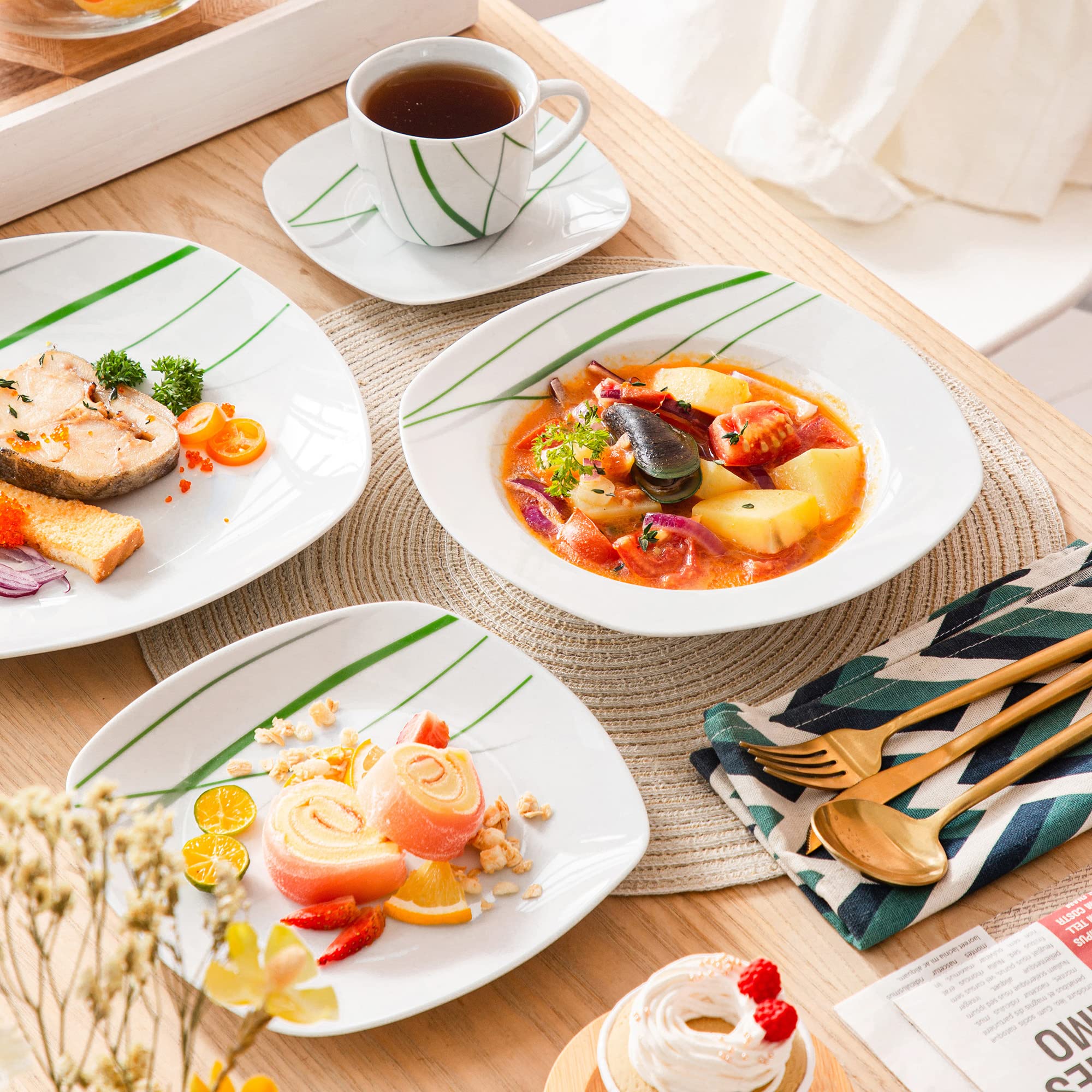 VEWEET AVIVA 60pcs Service de Table Pocelaine 12 Assiettes Plates 24,7cm，12 Assiette Creuse 21,5cm, 12 Assiette à Dessert 19,2cm, 12 Tasses 220 ml et 14,5 cm Soucoupe pour 12 Personnes