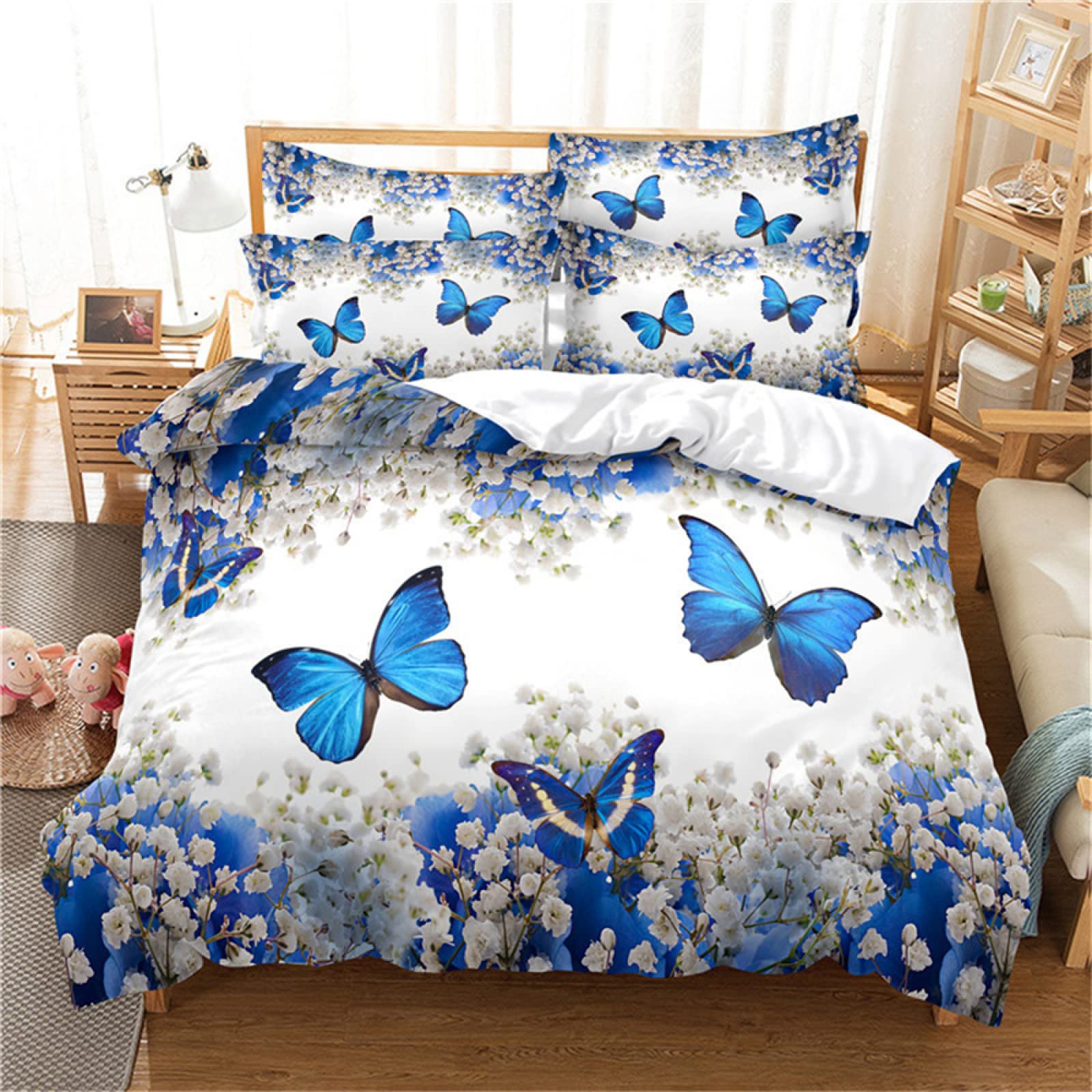 Parure housse de couette 140x200 papillon bleu lit ado avec fermeture éclair