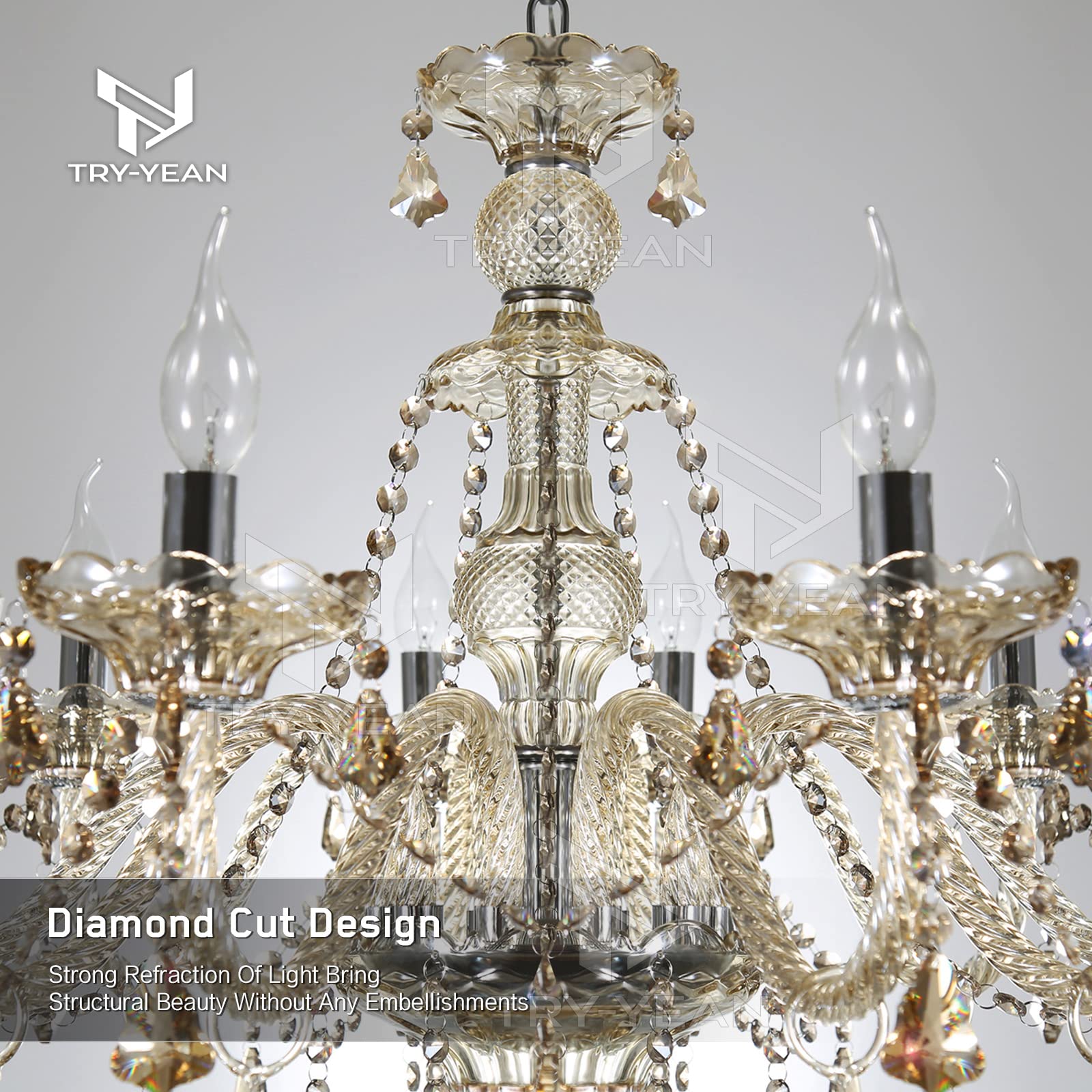 Lámparas de Araña de Coñac Lampara Cristal Colgante Clásico 10 Luces Lámparas Techo Lagrimas K9 Cristal Candelabro con Cadena Ajustable para Dormitorio, Salón, Comedor, Restaurante E14