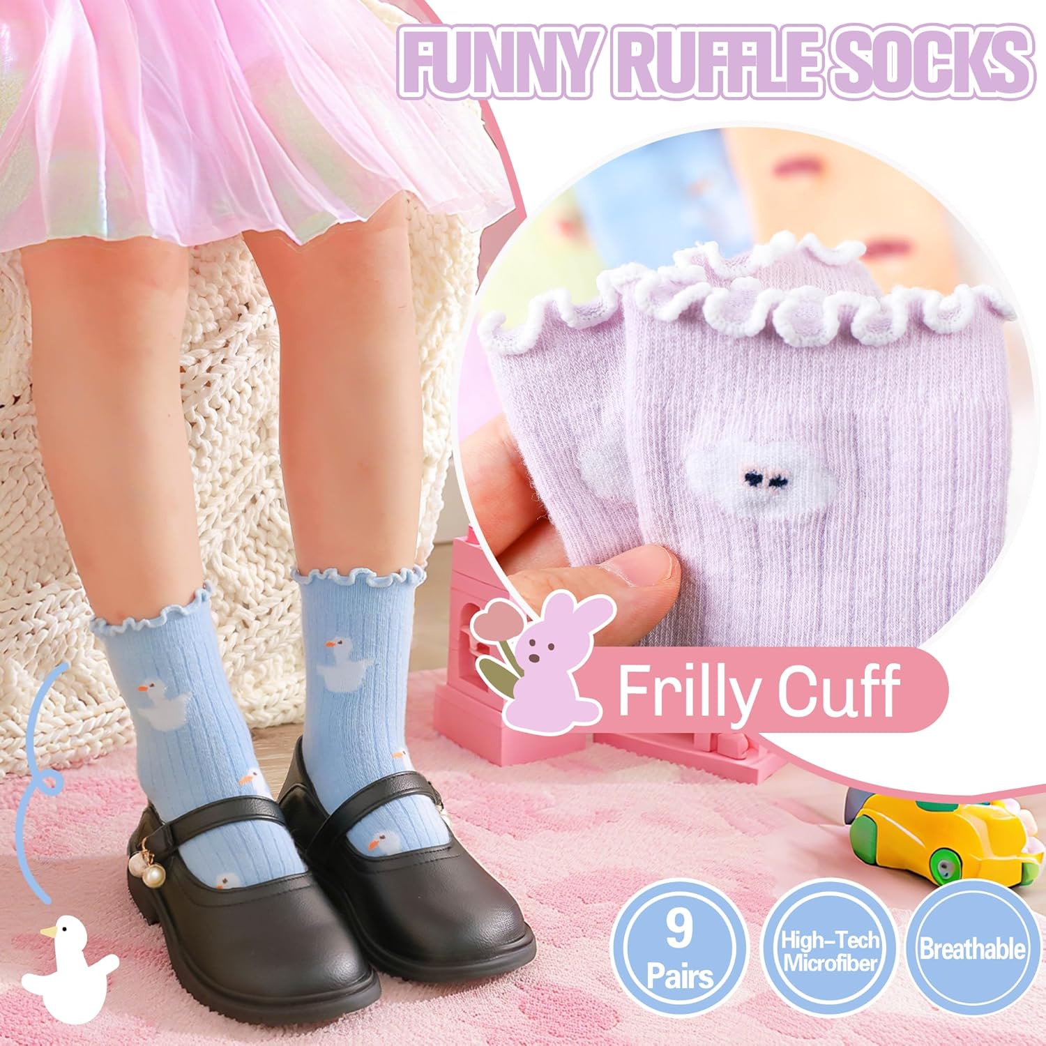 Baby Girls Toddlers Ruffle Grip Socks for Kids Non Slip Anti Skid Frilly Cute Funny Cotton Crew Grippers Socks 9 Pairs - Image 2