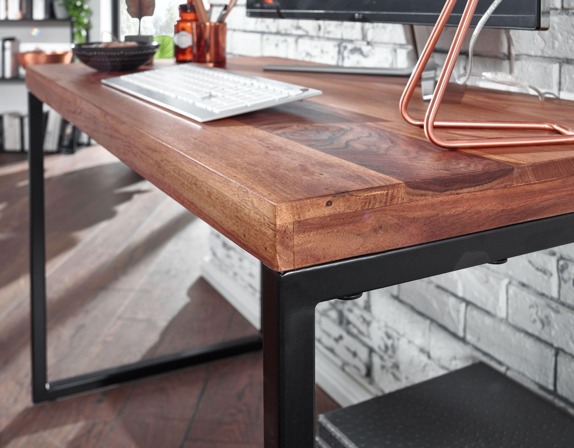 FineBuy Schreibtisch 117x59x76,5 cm Sheesham Massivholz Metall