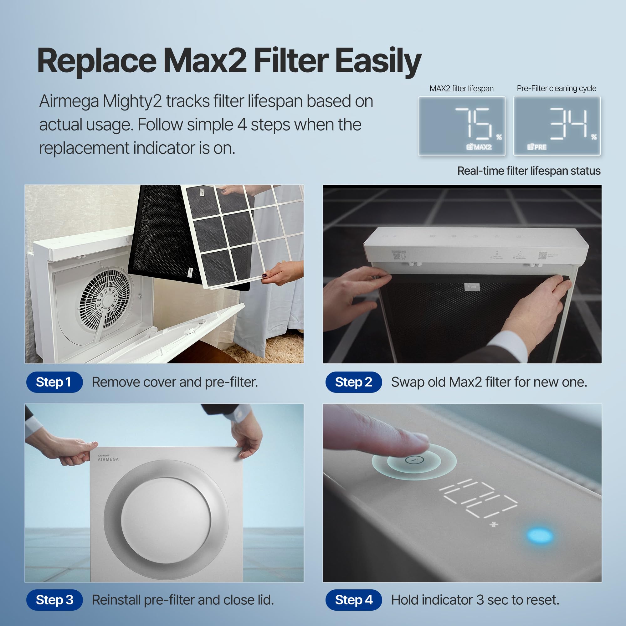 COWAY Airmega Mighty2 Air Purifier, Next Gen of AP-1512HH, for Large Room & Home Cleans up to 1,800 ft², IEST certified HEPA and Active Carbon for Allergies, Smoke, Dust, Pets & Mold, AP-1512N(W) — Amazon image 10