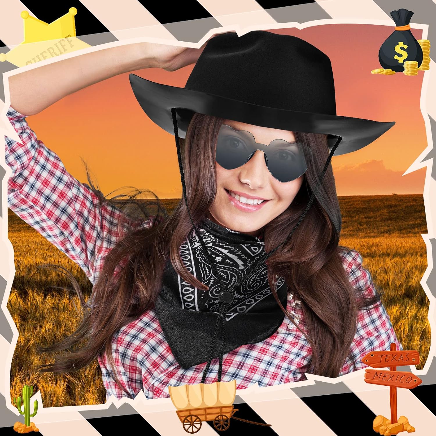 Newcotte 18 Pcs Western Cowboy Plastic Hat Set Include 6 Hats 6 Paisley Bandanas 6 Pairs Heart Glasses for Party - Image 5