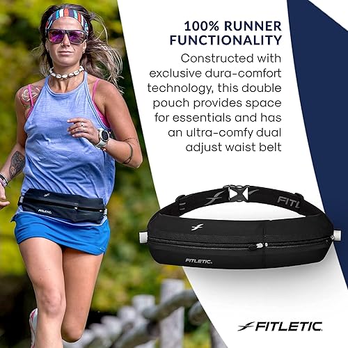 Miniatura 2 de Fitletic Cinturón de correr Bolt de doble bolsillo y cangurera activa para hombres y mujeres, resistente al agua, diseño ligero y elegante, ajuste