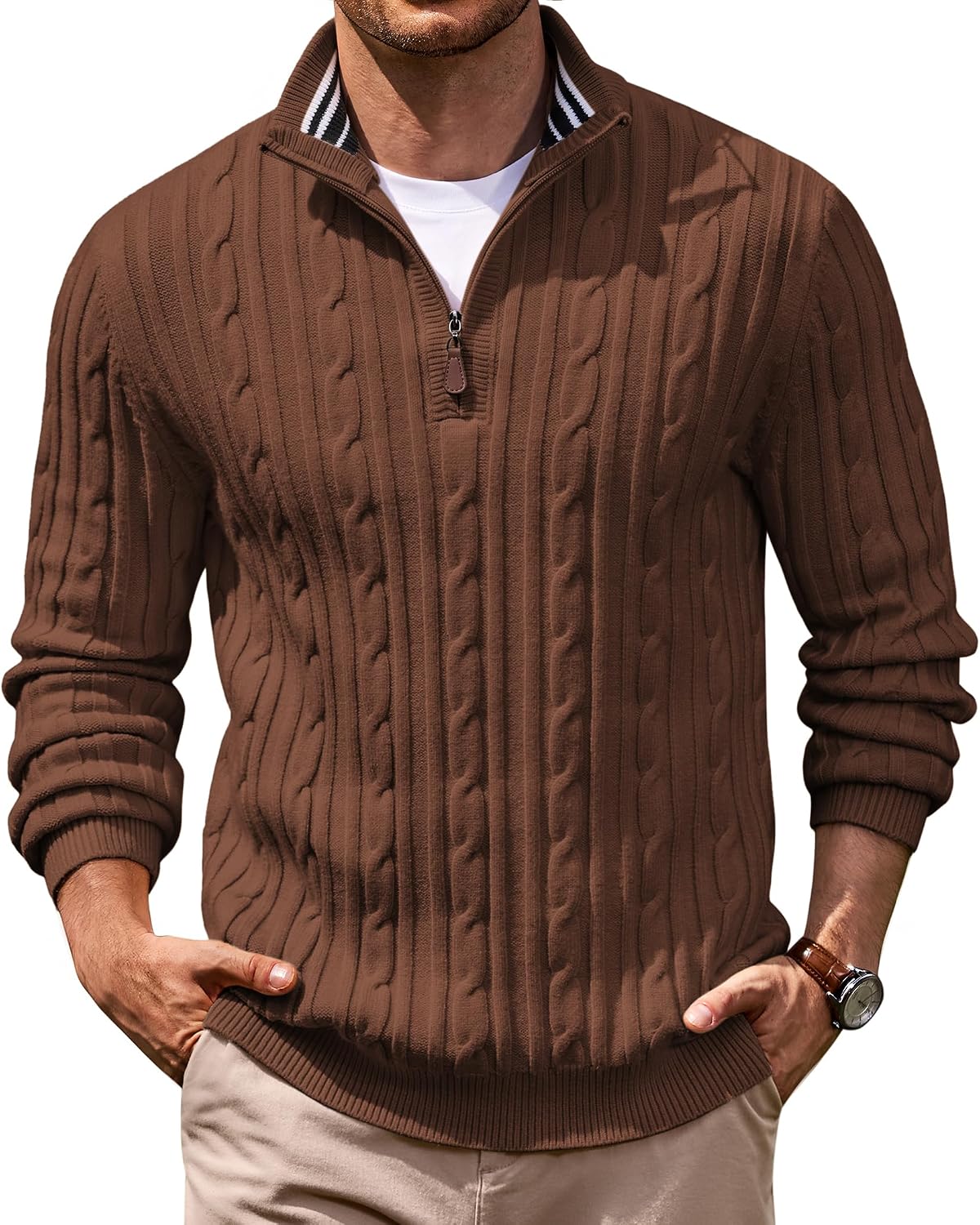 COOFANDY Men's Quarter Zip Pullover Cable Knit Mock Neck Dress Sweater