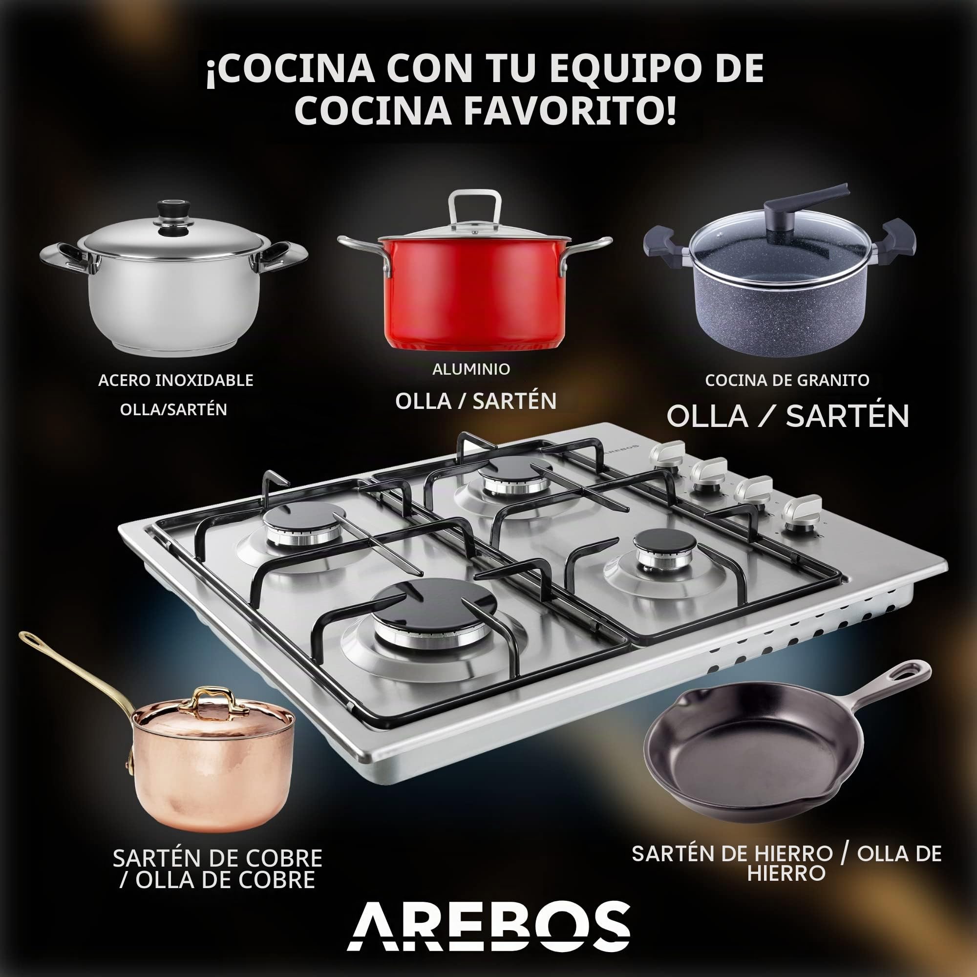 Arebos Placa de gas de 4 fogones | Acero inoxidable |Incluye rejilla y piloto de seguridad | Autosuficiente| Apta para gas natural y propano | Encimera de gas