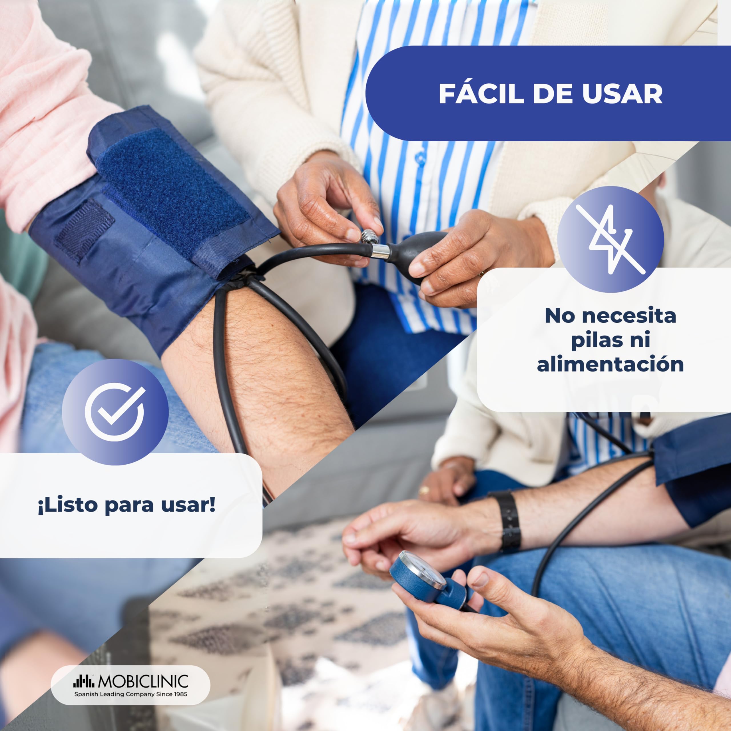 Mobiclinic, Tensiómetro de brazo, Doble salida, Incluye estuche, Medidor tensión aneroide, Medición presión arterial, Marca española, Precisión, Bomba goma, Ligero, Fácil usar, Azul