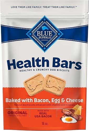 Blue Buffalo Health Bars - Galletas crujientes para perros, horneadas al horno con ingredientes naturales, tocino, huevo y queso, bolsa de 16 onzas