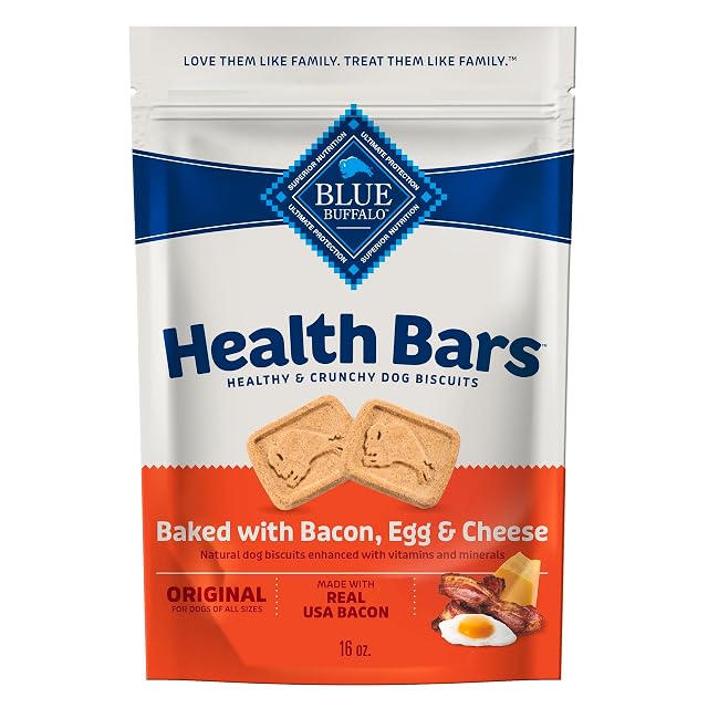 Blue Buffalo Health Bars Crunchy Dog Biscuits Oven-Baked with Natural Ingredients Bacon Egg Cheese 16-oz Bag