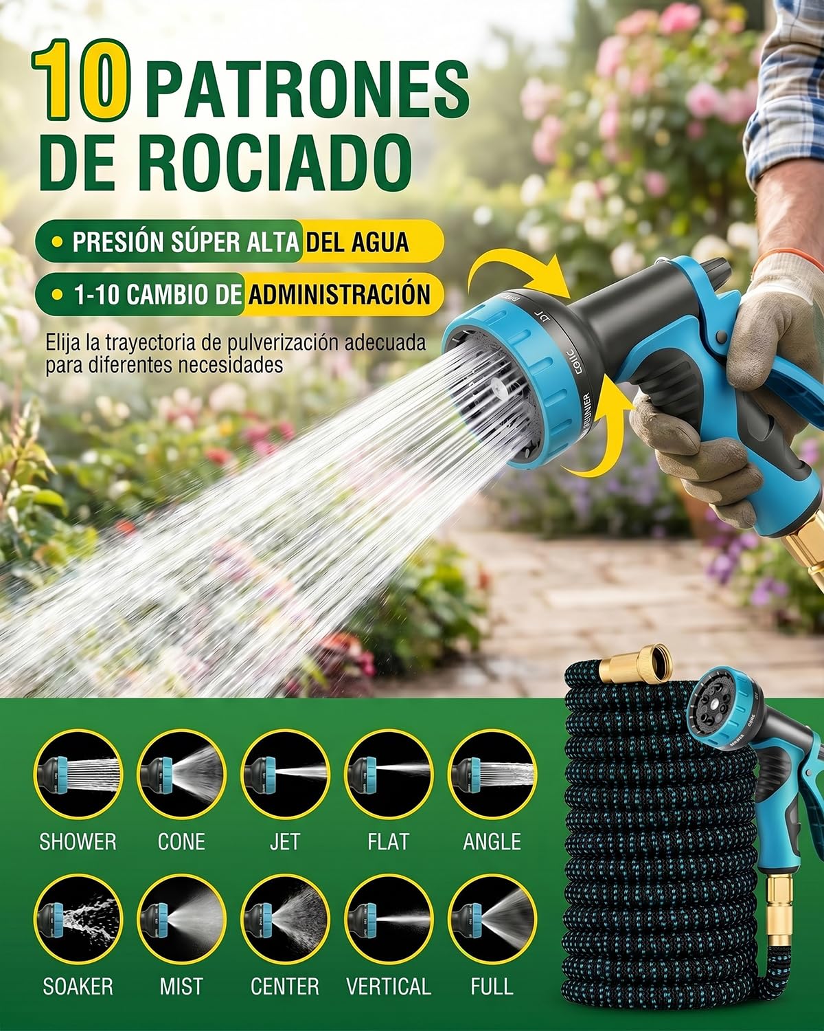 Manguera de Jardín Extensible 45m Fácil de Usar, No se Enreda, Antifugas, Pistola de Riego 10 Modos, Conectores de Latón