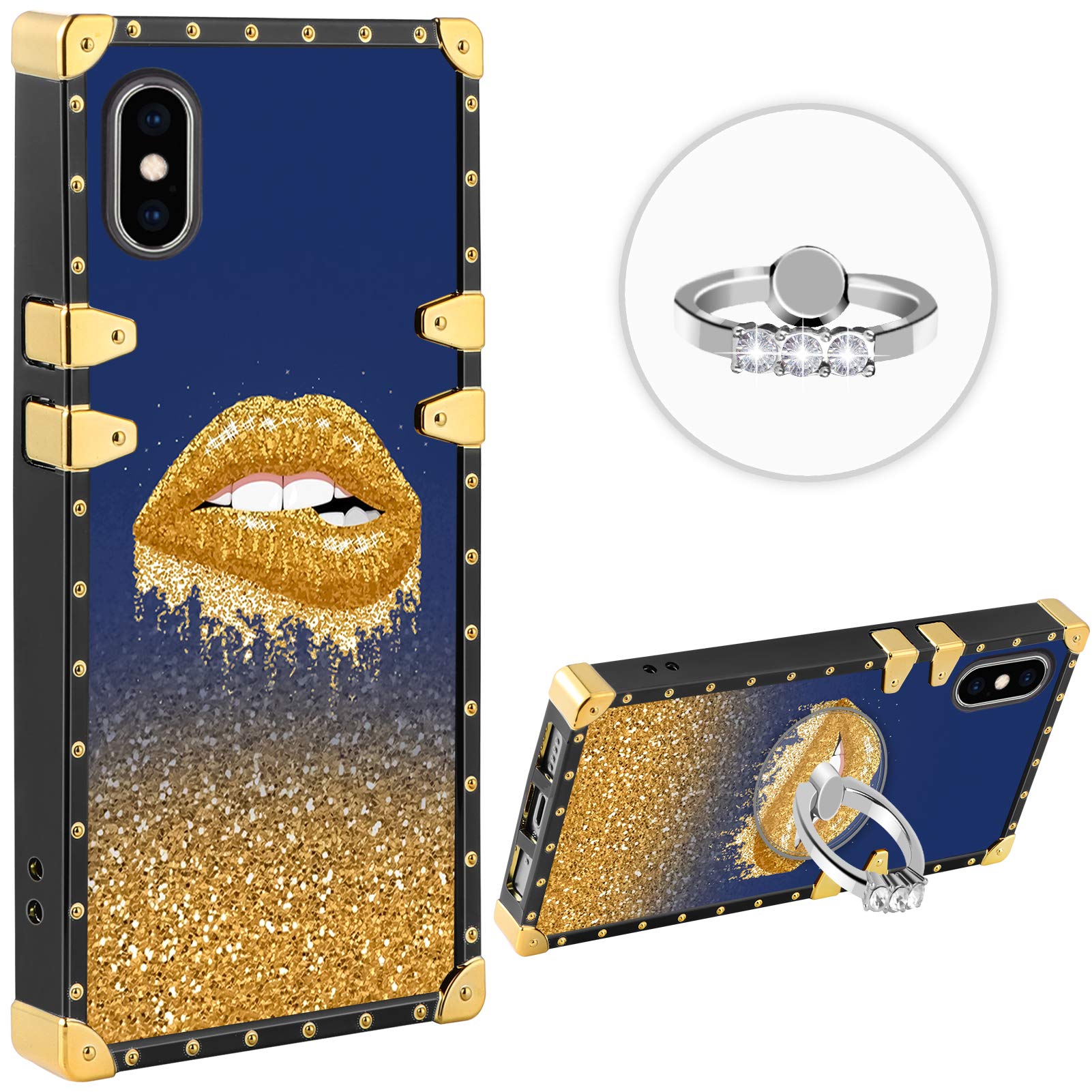 Amazon Com Fiyart Iphone Xs Iphone X 5 8 Inch Case Golden Lips Luxury Square With Clear Diamond Phone Stand Stylish Retro Cover For Iphone X Xs Cell Phones Accessories