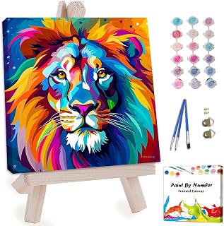 Artunion Framed Paint by Numbers Kit for Adults Beginners & Kids Ages 8-12,Colorful Lion Paint by Number with Frame,Easy Animal Paint by Numbers Kit on Canvas 10 * 10 Inch Without Easel
