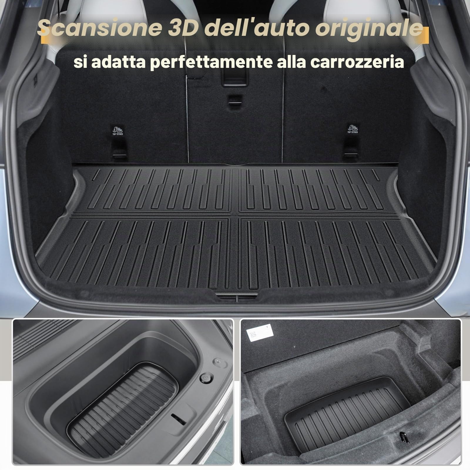 ECOZEN 3pcs Vasca Baule per Tesla Model Y 2025-2026 3D Specifica In TPE Proteggi Bagagliaio auto, Model Y Tappetino del bagagliaio, con bordino rialzato, resistente impermeabile per tutte le stagioni