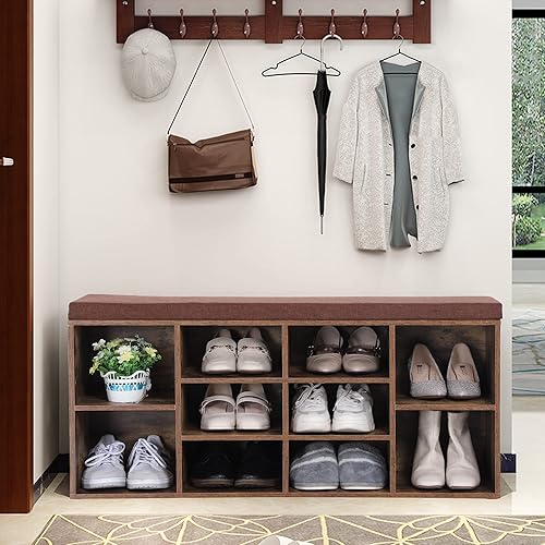Miniatura 3 de PHI VILLA Banco de almacenamiento de zapatos con cojín de asiento, zapatero organizador de zapatos para entrada, sala de estar, marrón rústico