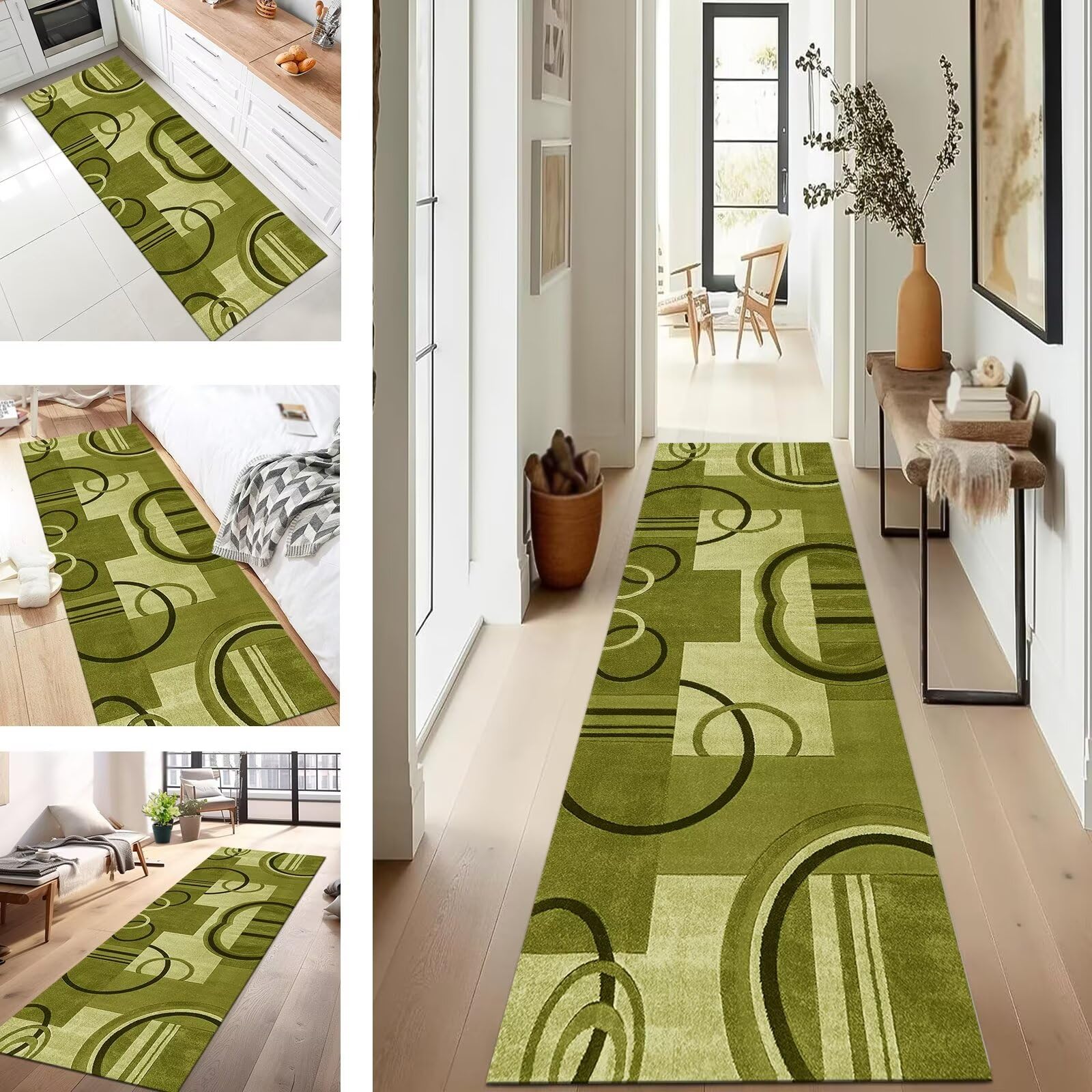 Tapis de couloir vert abstrait 60x400 cm au design moderne