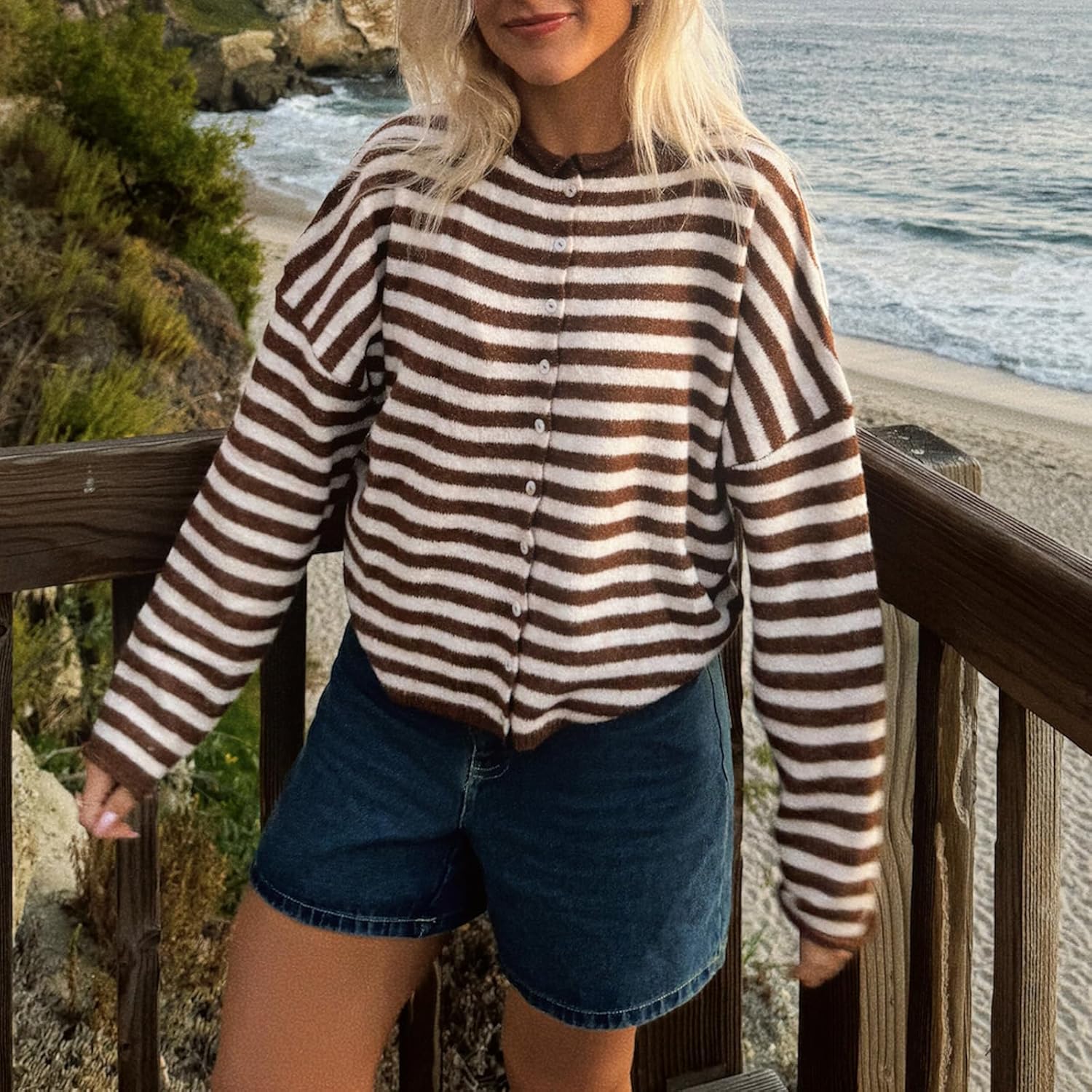 Women Y2K Knit Cardigan Striped Button Down Loose Fit Sweater Cardigan Vintage Streetwear Open Front Knitwear - Image 2