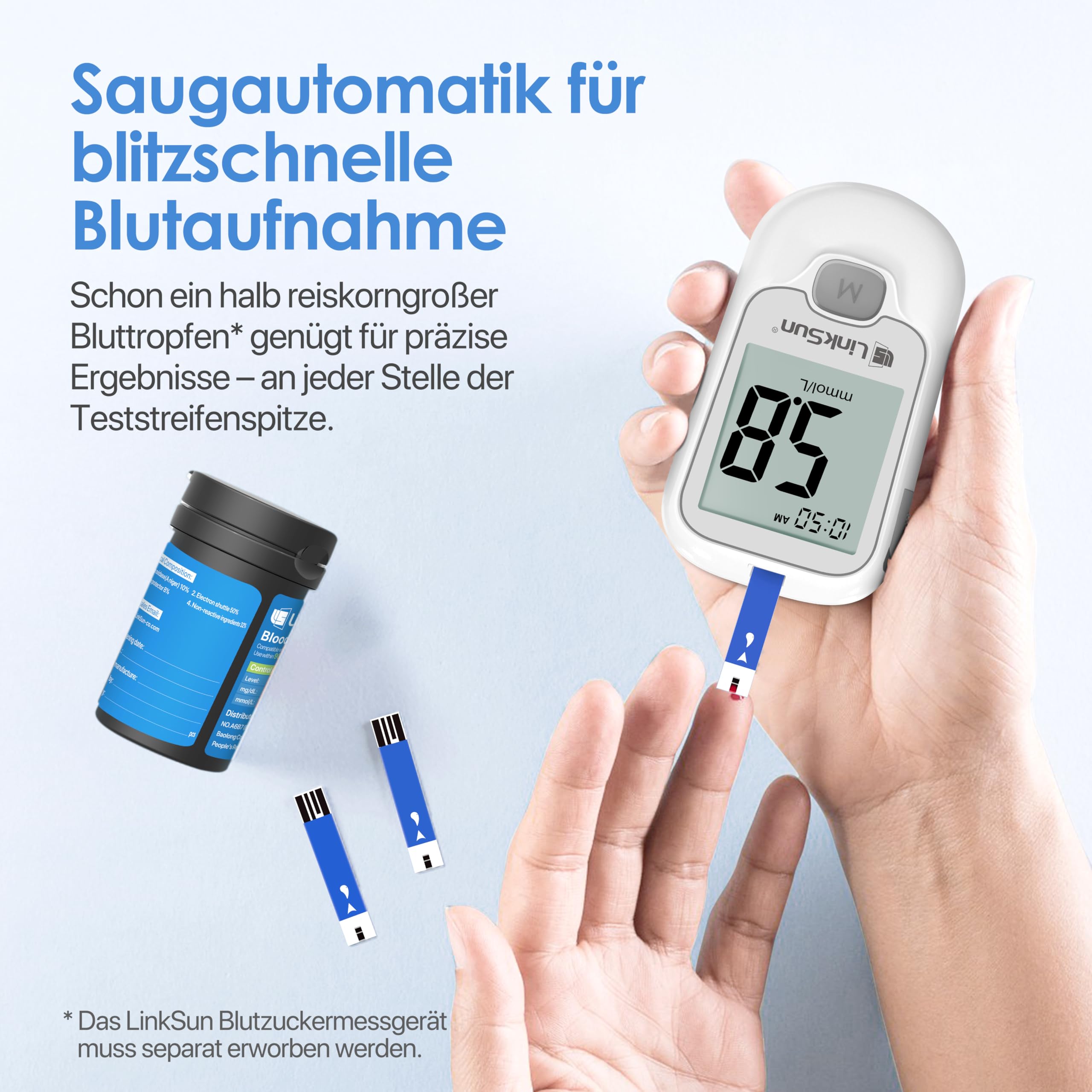 LinkSun Blutzuckerteststreifen, 100 Stück, Kompatibel mit G-425-3, G-425-2V, G-425-1 Blutzuckermessgeräten - Präzise Messung, Ergebnis in 5 Sekunden - 2 Flaschen à 50 Stück (messgerät nicht enthalten)