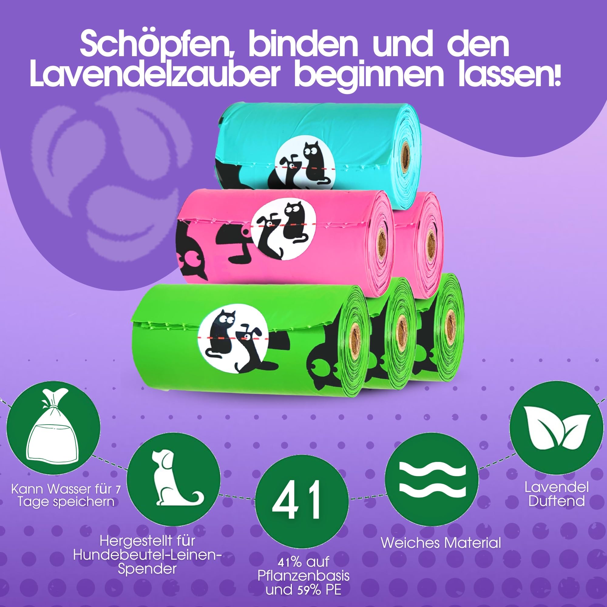 Pet N Pet Bunte Hundekotbeutel, 720 Stück, 48 Rollen, Lavendelduftend | 41% pflanzenbasiert & 59% PE, Extra dick & reißfest, kotbeutel für hunde & Katzenstreubeutel, Auf Rollen
