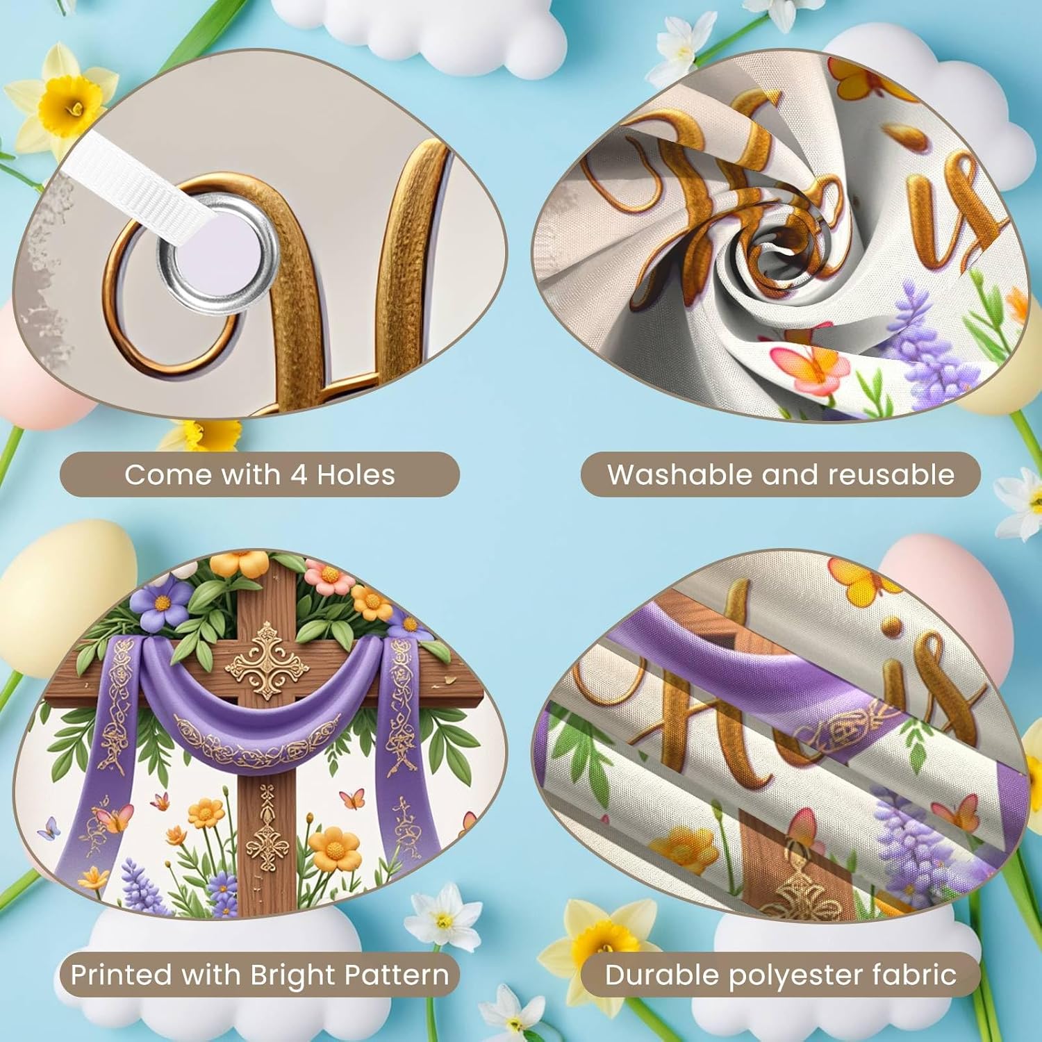 Easter Door Cover Decorations He is Risen Door Banner Easter Religious Cross Backdrop Spring Rabbit Bunny Floral Banner for Front Door Porch Indoor Outdoor Decorations 70.8 x 35.4 inches