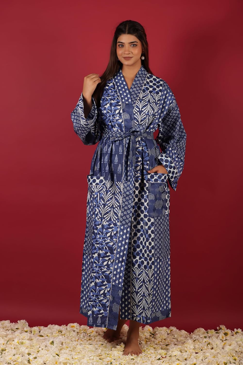 Cotton Kimono Robe for Women – Soft Lightweight Bohemian Hand Block Floral Printed Bathrobe with Belt, Loungewear, Spa & Resort Wear, Beach Cover Up, Comfortable Nightwear Dressing Gown - Blue - Image 9