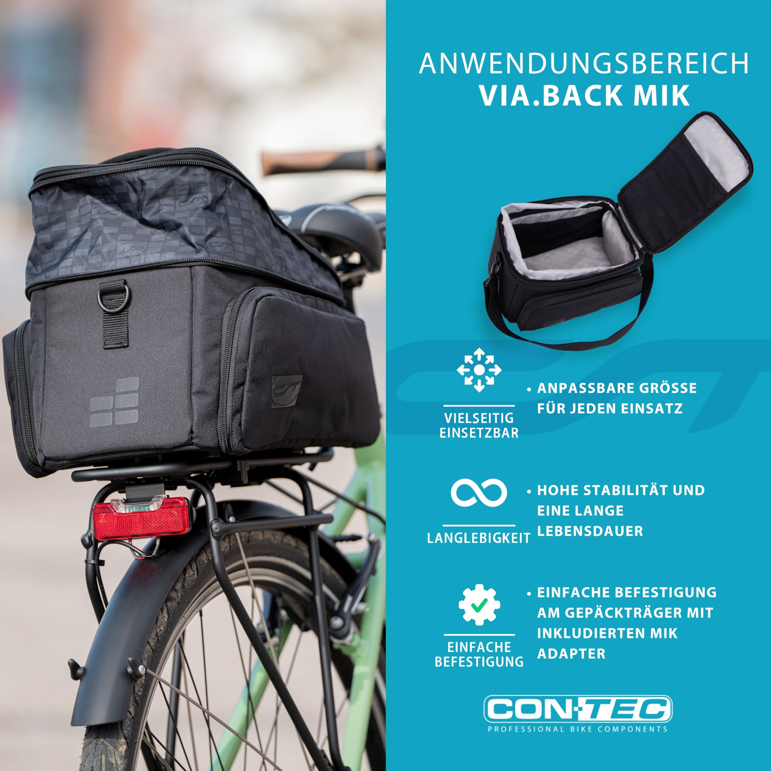 CONTEC Fahrrad-Gepäckträgertasche Via.Back MIK, vormontierter MIK Adapter, 32 L Volumen, mit Regenhaube, wasserabweisend, Verstellbarer Schultergurt, schwarz