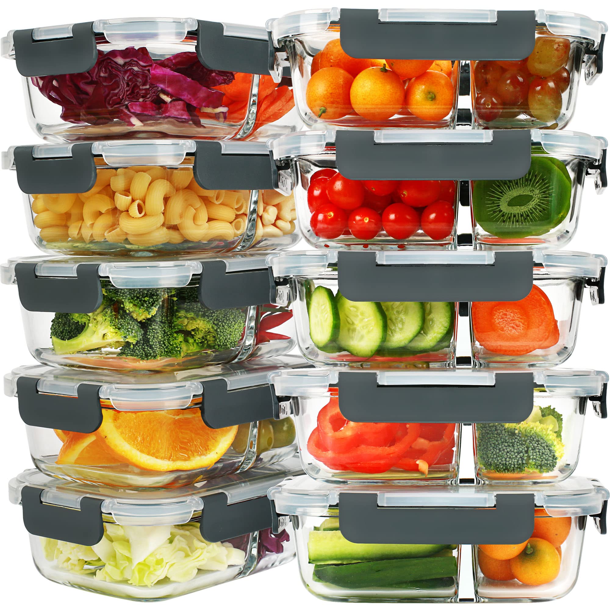Buy 10 Pack Glass Meal Prep Containers 2 Compartments with Lids Glass Food Storage Containers