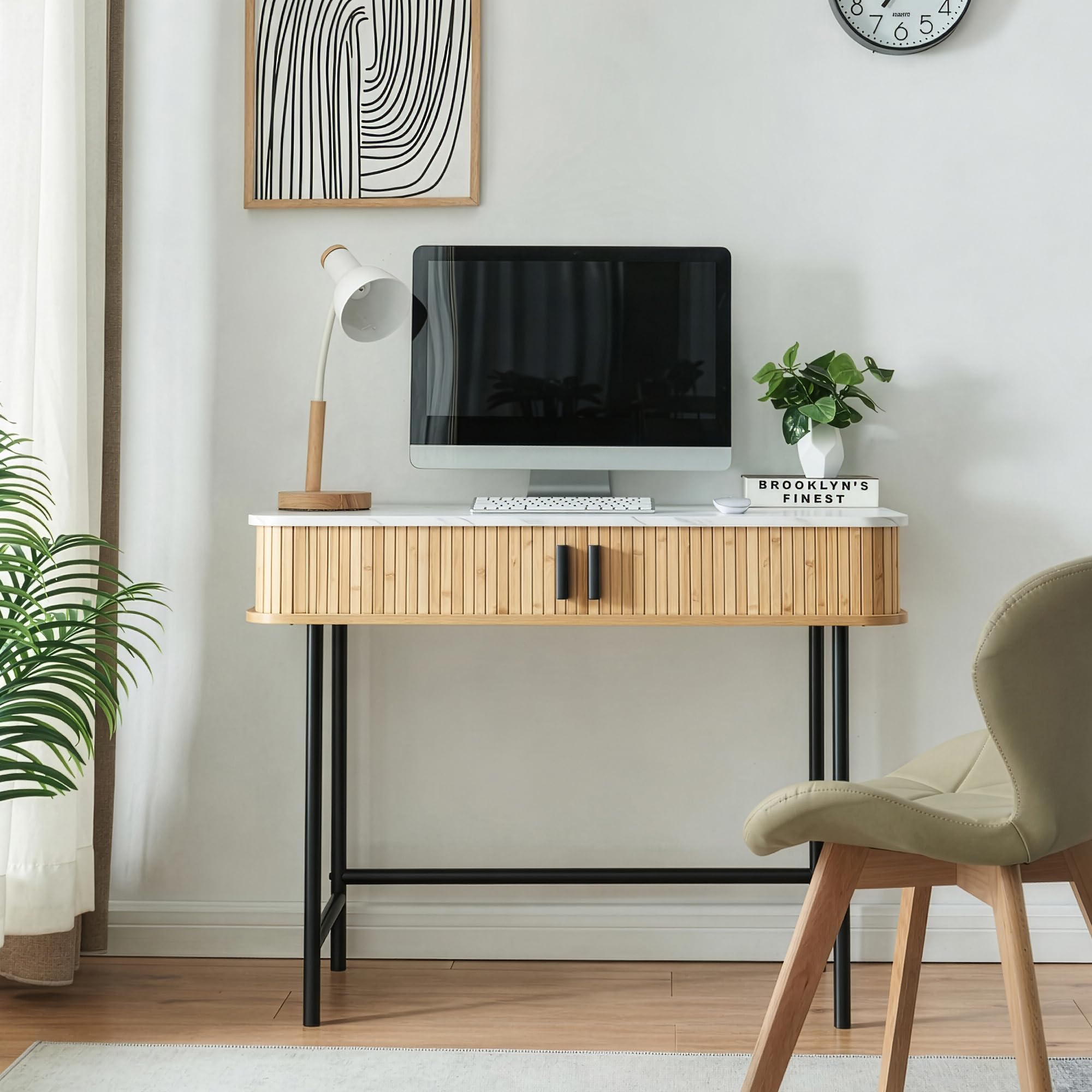 [en.casa] Consola Tvedestrand Versátil Mueble Recibidor Mesa de Entrada con 2 Compartimentos Cerrados Estable Diseño Atractivo Bambú Metal 100 x 50 x 76 cm - Mármol Blanco/Efecto Madera