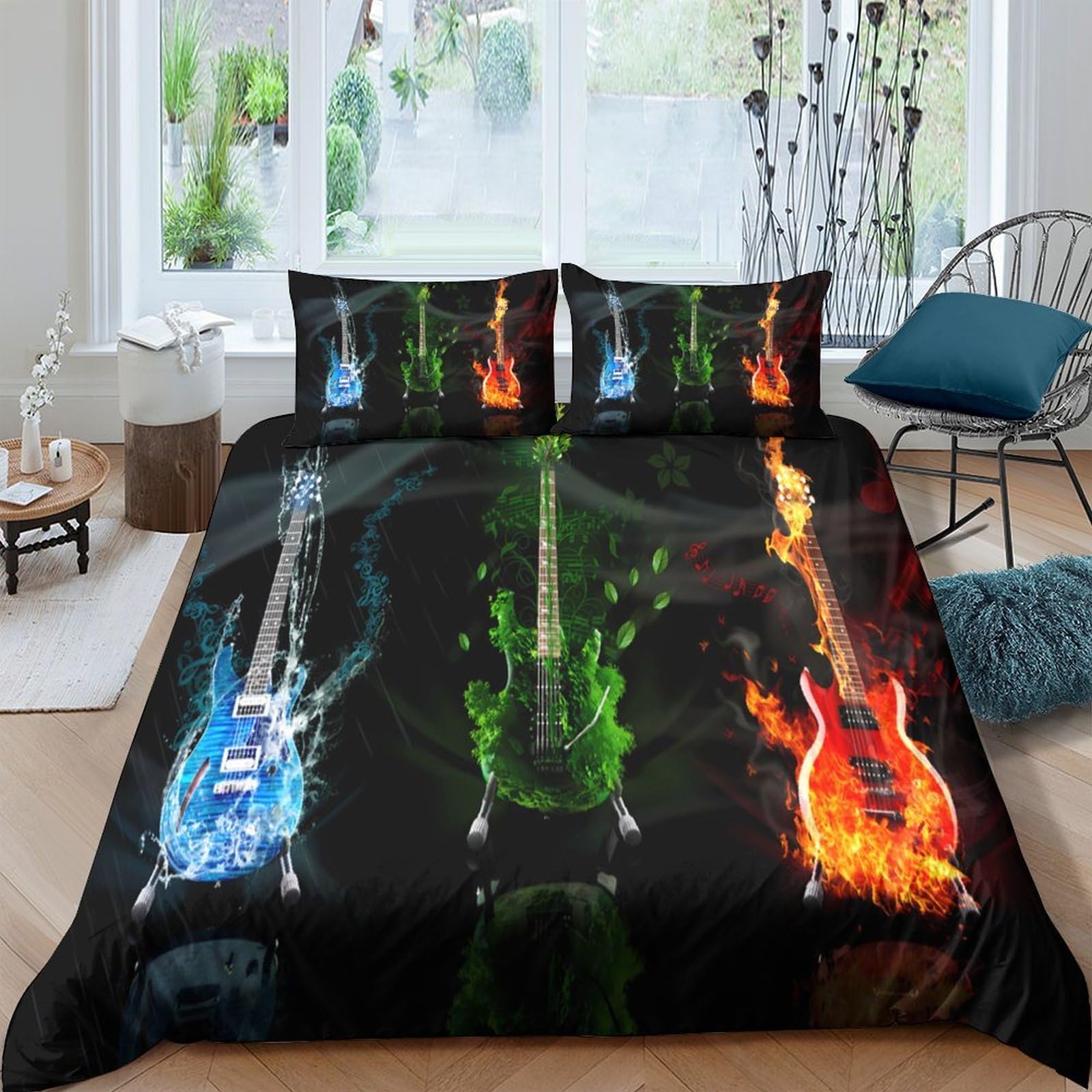 TUFRTGYHN 3D Printed Electric Guitar Duvet Cover Microfiber Soft Breathable Fire Water Bedding Set with 2 Pillowcases for Bedroom Decor Single（135x200cm）