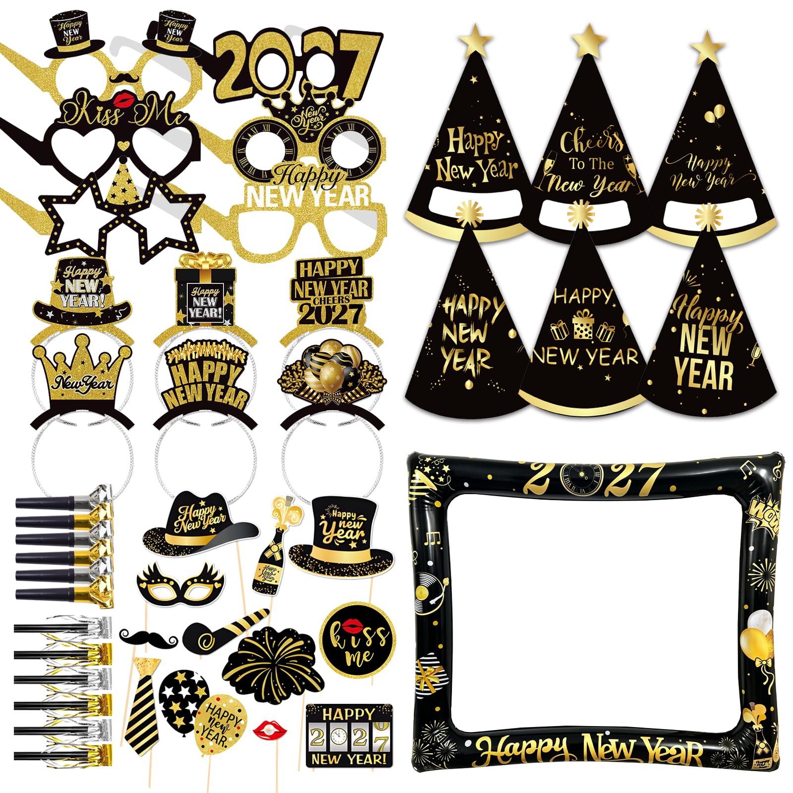 37PCS Happy New Years Party Supplies 2027, Photo Balloon Frame, Headbands Tiara, Paper Hats, Paper Glasses, Fun Props, Gold Sliver Metallic Fringed Noise Makers for Eve Party Decorations Accessories