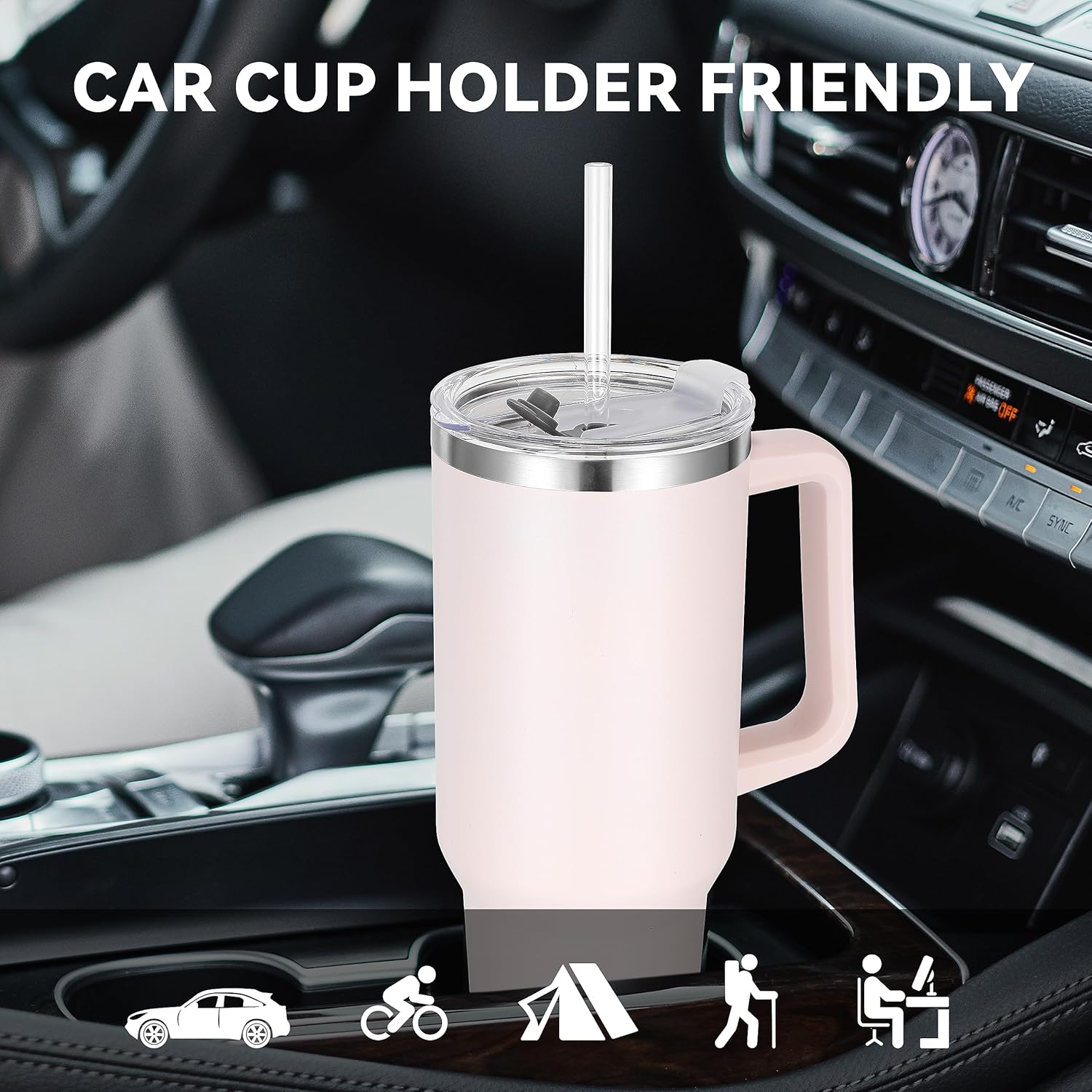 40 oz Tumbler with Handle and Straw, Insulated Stainless Steel Tumbler with 2 In 1 Lid, Double Vacuum Travel Mug Coffee Cup, Rose Quartz Pack 1 - Image 5