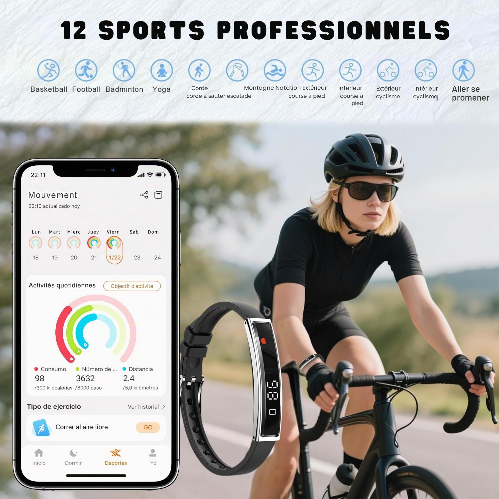 smartia Bracelet intelligent ultra fin avec Bluetooth, modèle 2026, tracker d'activité et de sommeil, suivi intégral de votre santé, bracelet avec écran tactile
