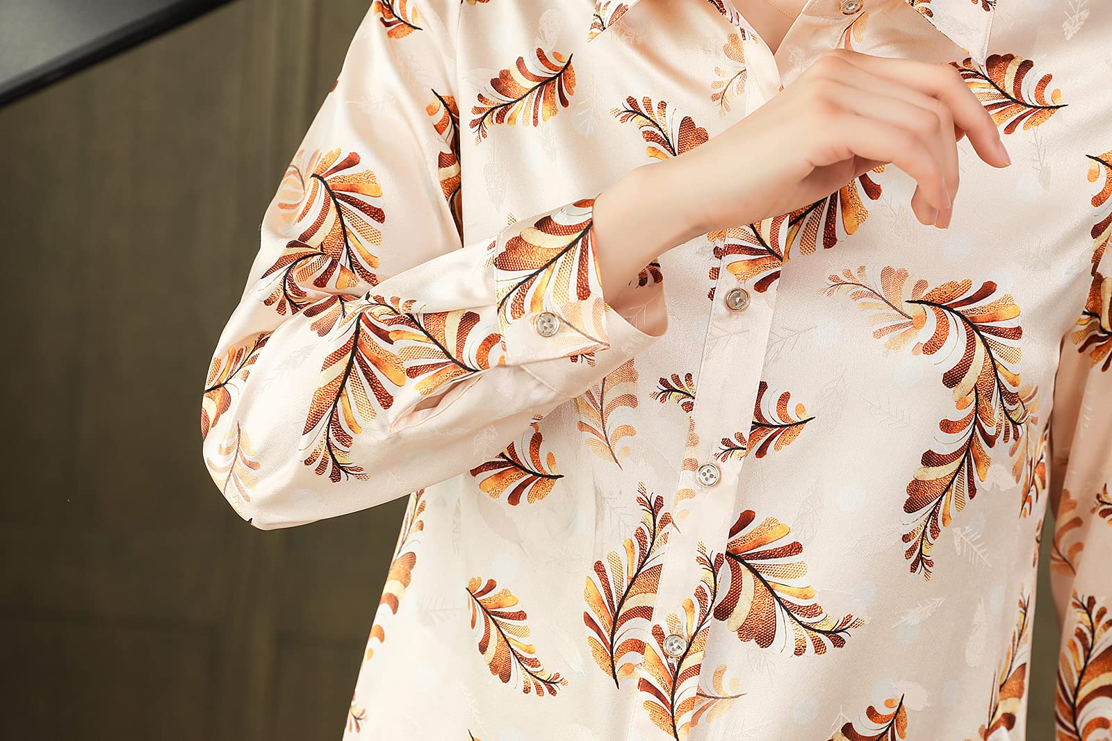 E-girl Blusa de seda para mujer con estampado de botones camisas de mujer blusa de manga larga solapa blusa de seda, S6618