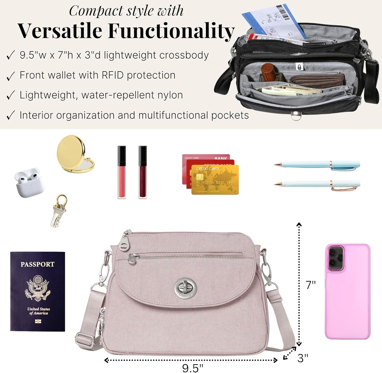 Baggallini Calais Crossbody Bags for Women 10x7 Lightweight Water-Resistant Travel Purse, RFID & Interior Organization - Image 5