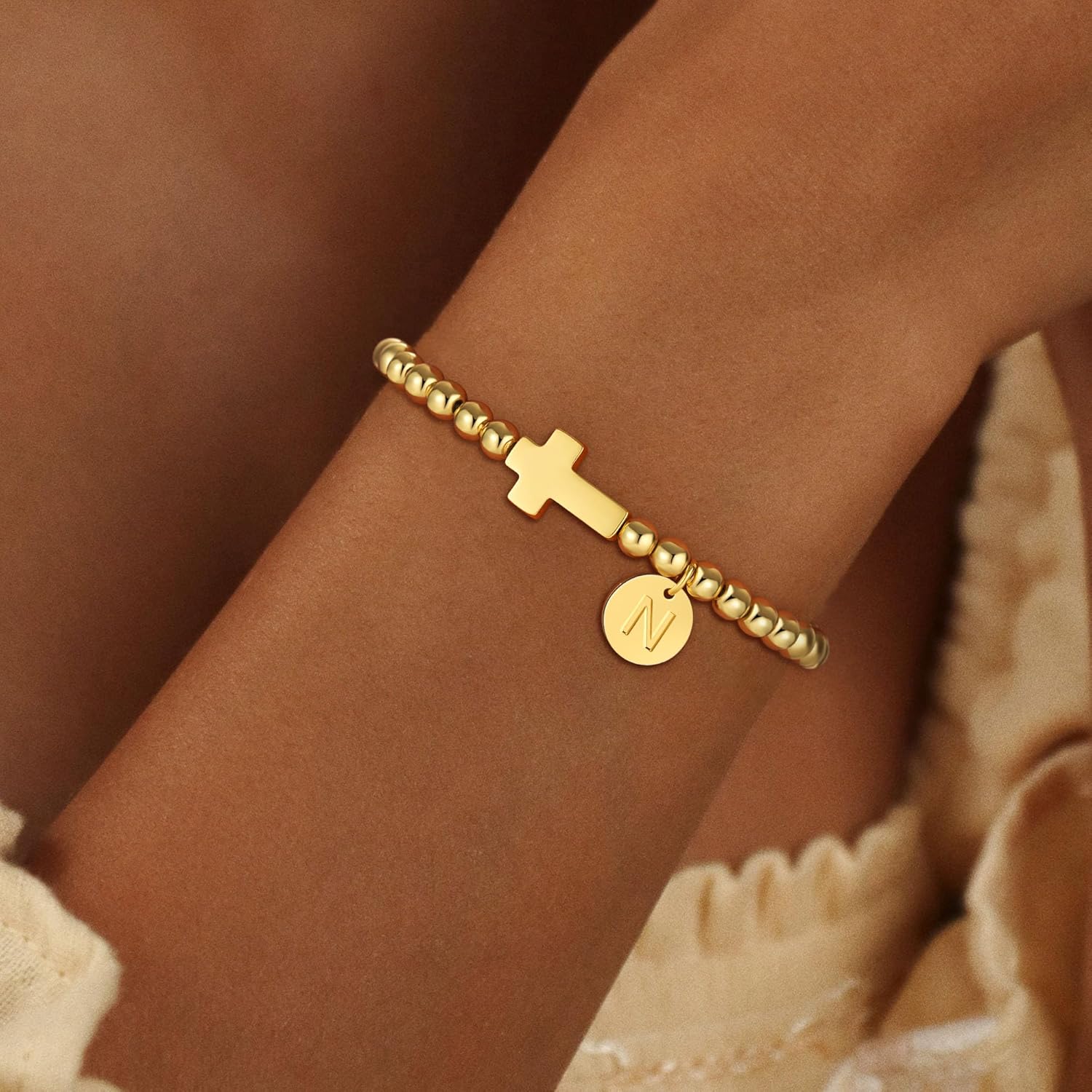 Valentines Day Gifts for Kids Girls - Initial Bracelet, Dainty 18K Gold Plated Cross Letter Bracelet Non Tarnish Beaded Bracelets Personalized Birthday Gifts for Women Girls Jewelry - Image 2