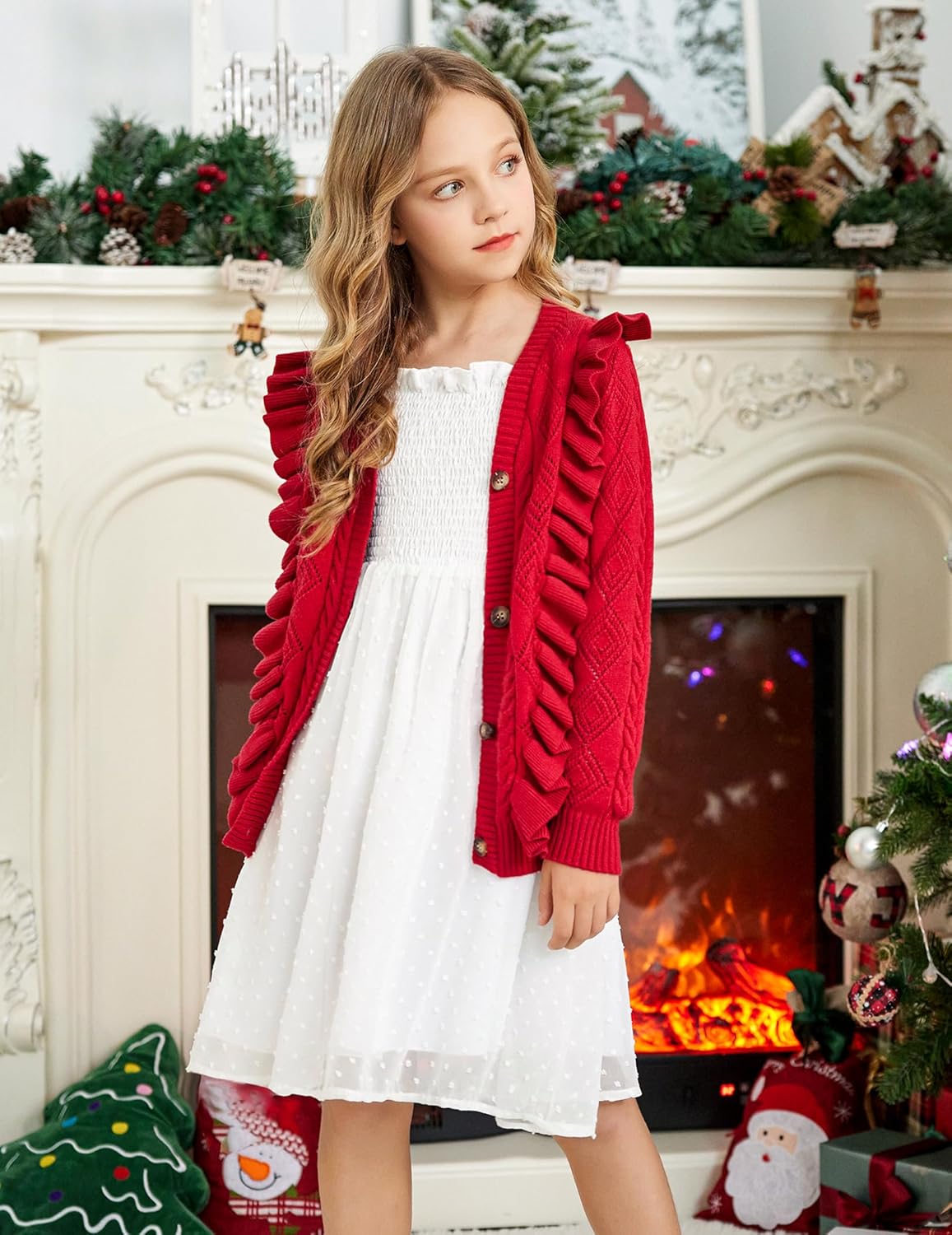 Arshiner Girls Cardigan Sweaters Ruffle School Uniform Sweater V Neck Button Front Outerwear 4-13 Years - Image 3