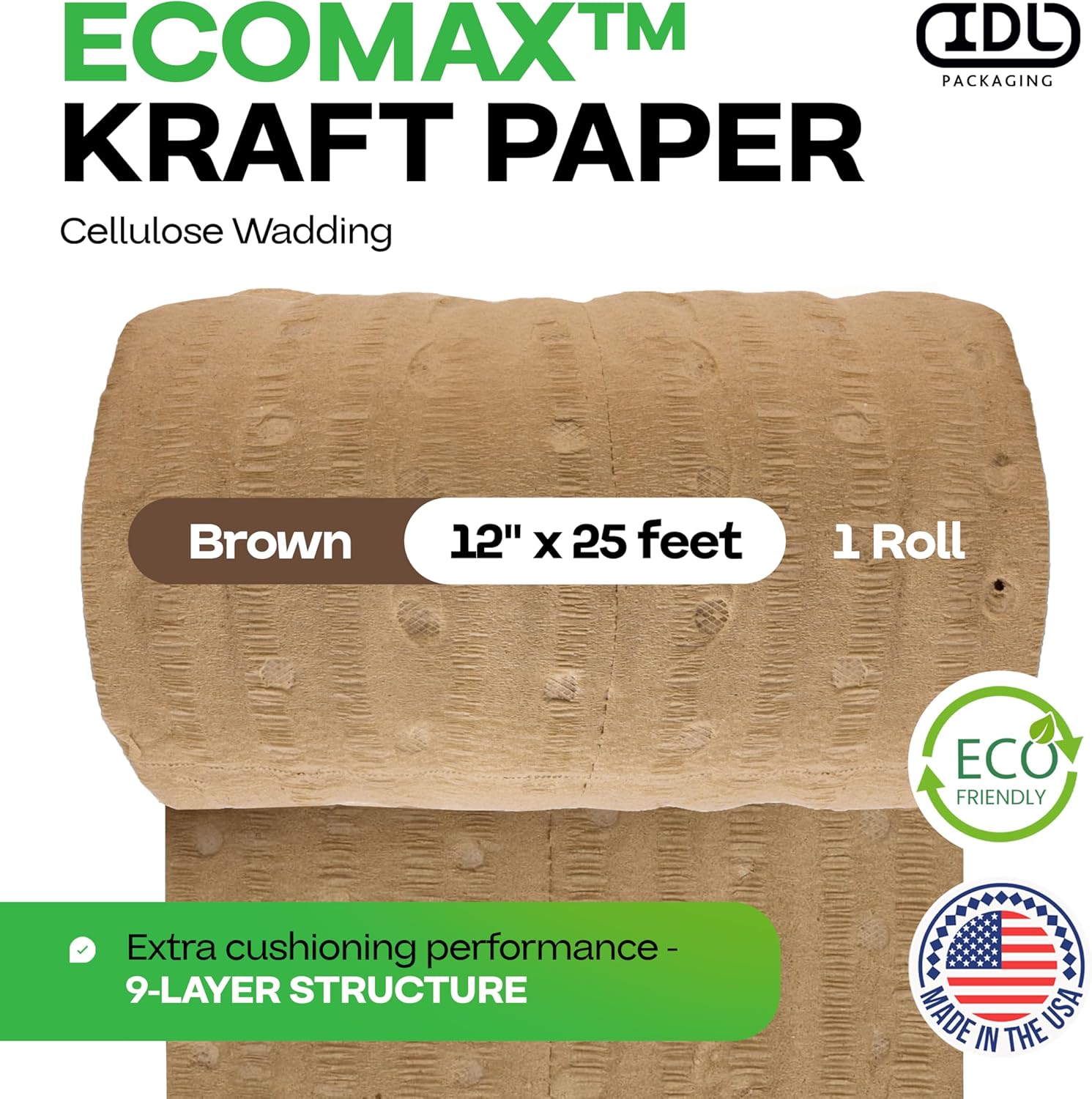 IDL Packaging 12" x 25' EcoMax™ Kraft Paper Cellulose Wadding (1 Roll) - Cushioning Wrapping and Box Void Filling - Soft and Gentle Packing for Shipping, Moving, and Storing Fragile Items