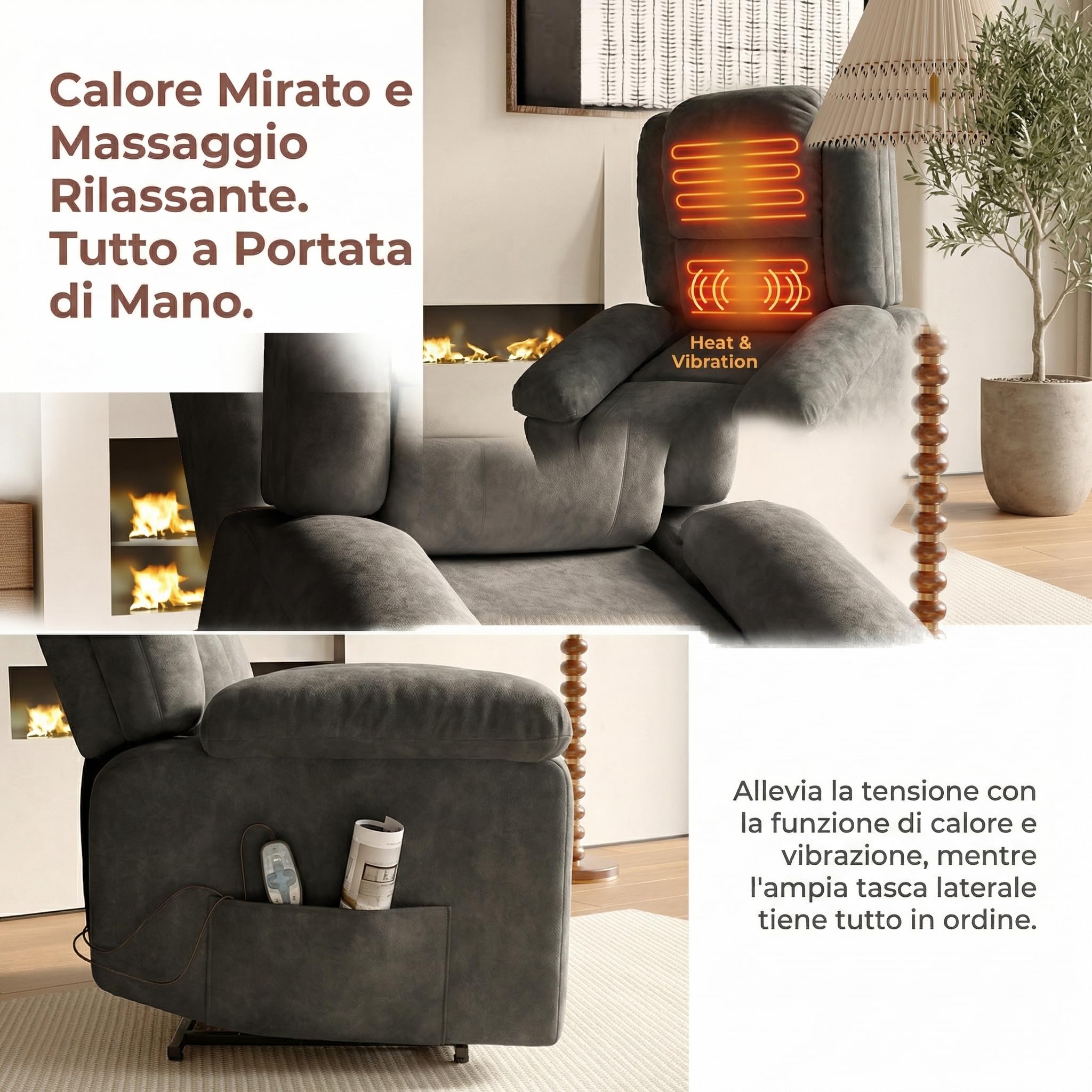 Poltrona Massaggiante Elettrica con Massaggio e Riscaldamento Lombare,Sedia Massaggiante con Poggiapiedi,Poltrona Relax Elettrica per Soggiorno e Camera da Letto,Tessuto, Grigio